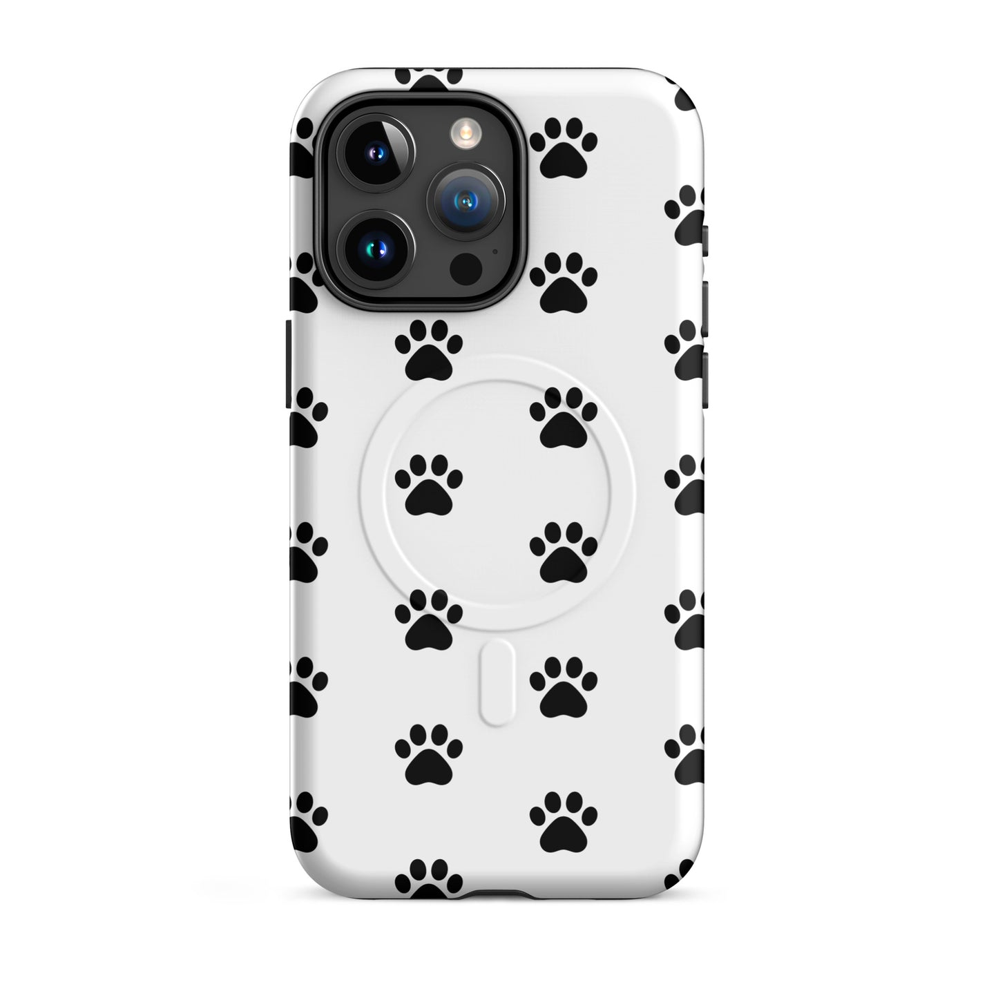 Magnetic Phone Case with a playful paw print design for pet lovers showcasing black paw patterns on a white background.