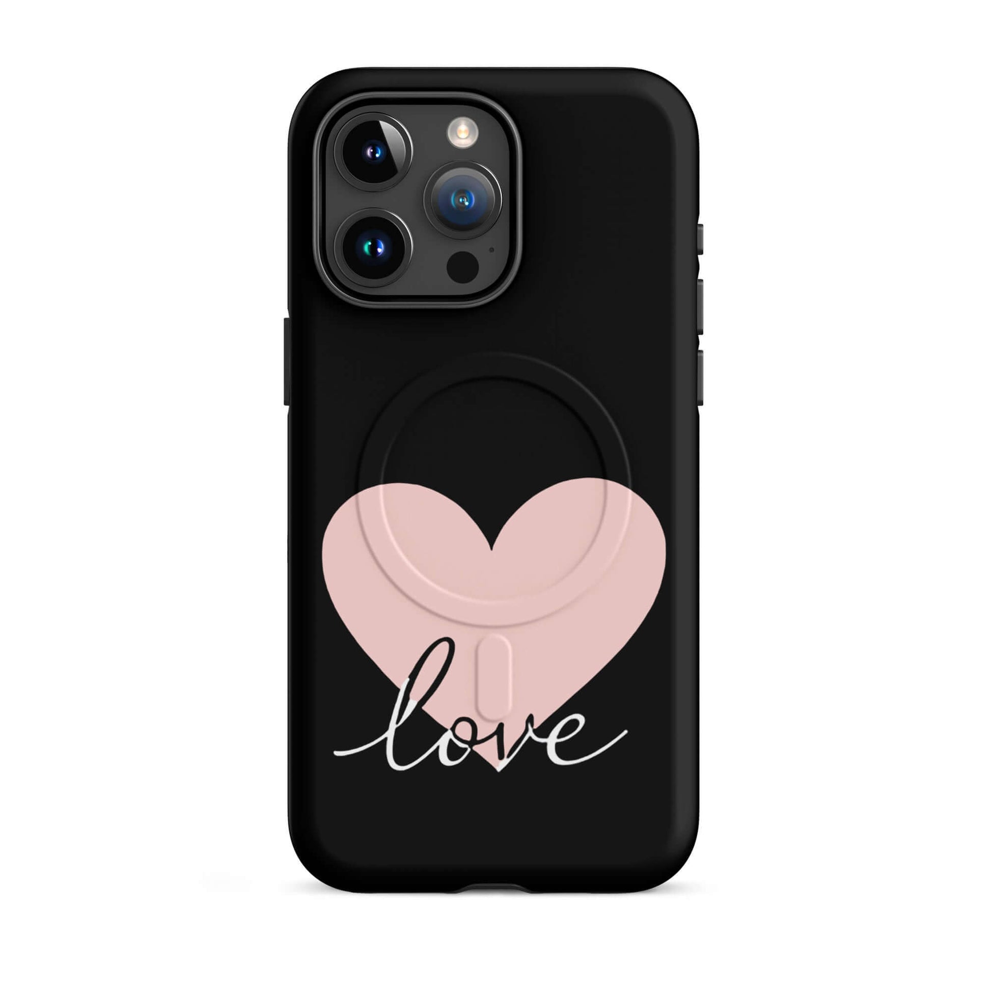 Magnetic Phone Case featuring a pink heart and stylish script 'love' design for iPhone protection.