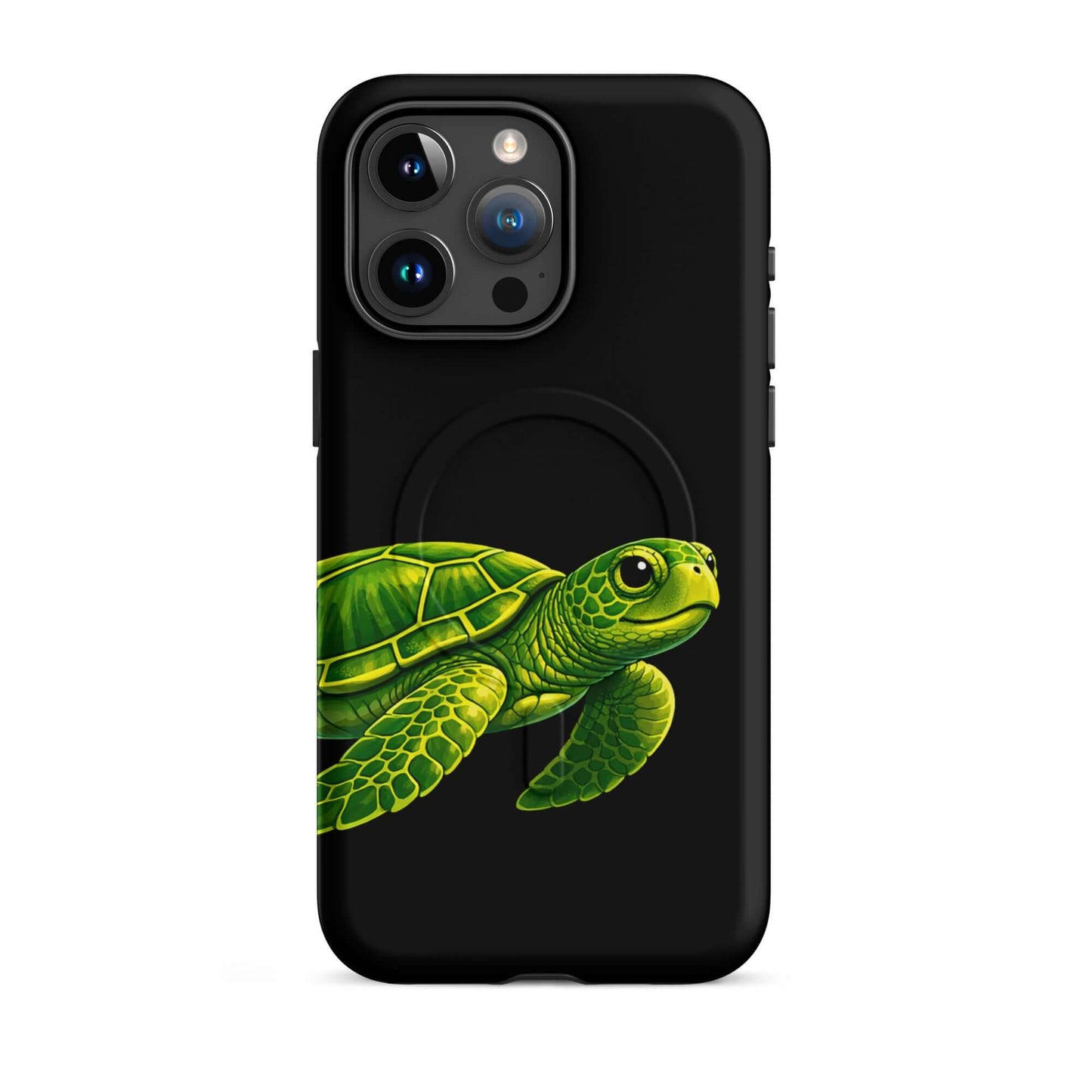 Magnetic Phone Case featuring vibrant sea turtle design on black background, blending style and protection.