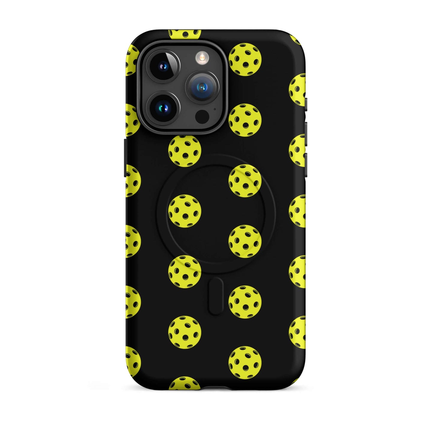 Magnetic Phone Case with pickleball pattern, featuring iconic perforated balls on a stylish black background.