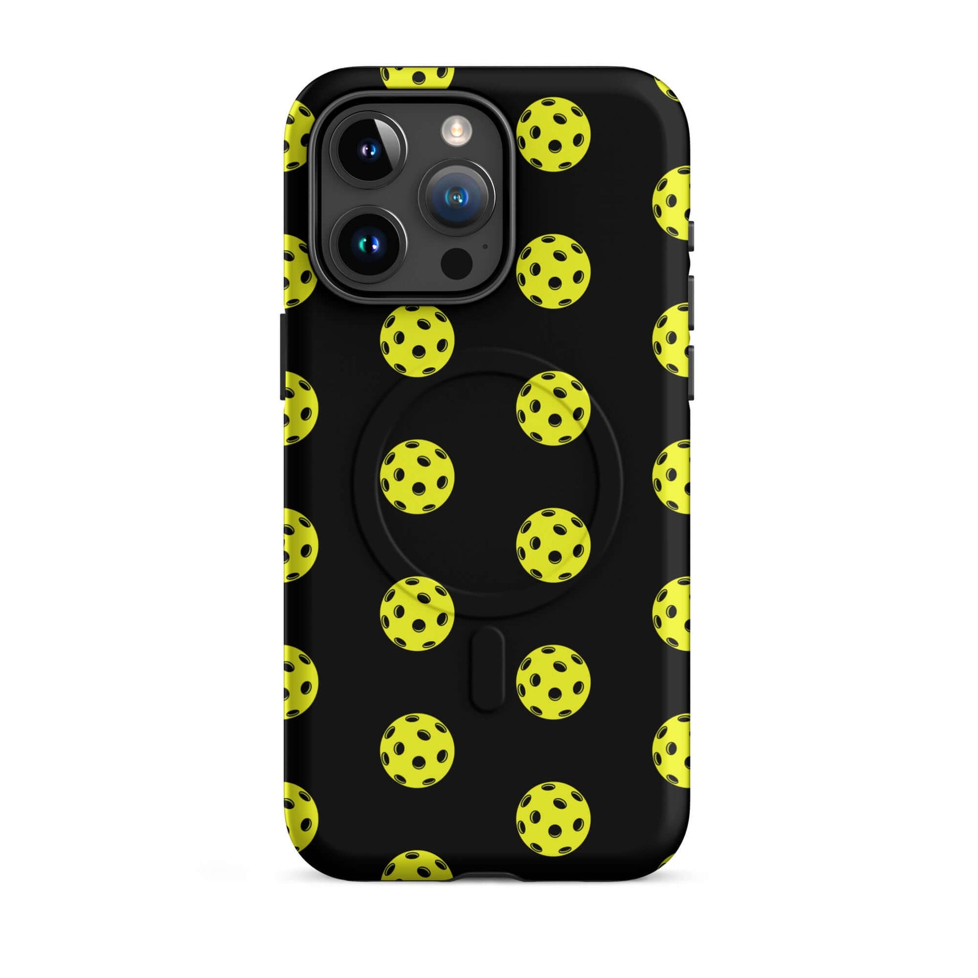 Magnetic Phone Case with pickleball pattern, featuring iconic perforated balls on a stylish black background.