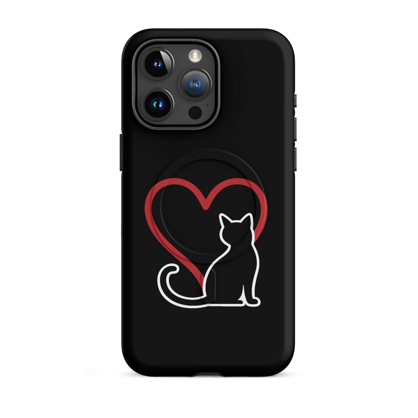 Magnetic Phone Case for iPhone featuring a black cat silhouette and a red heart design.