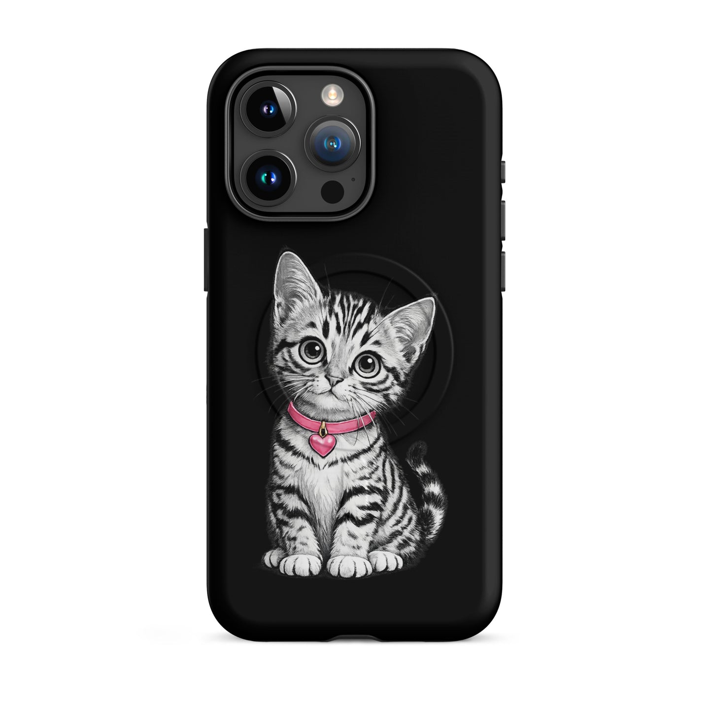 Magnetic Phone Case for iPhone with sketch kitten design, pink collar, and heart charm, offering protection and style.