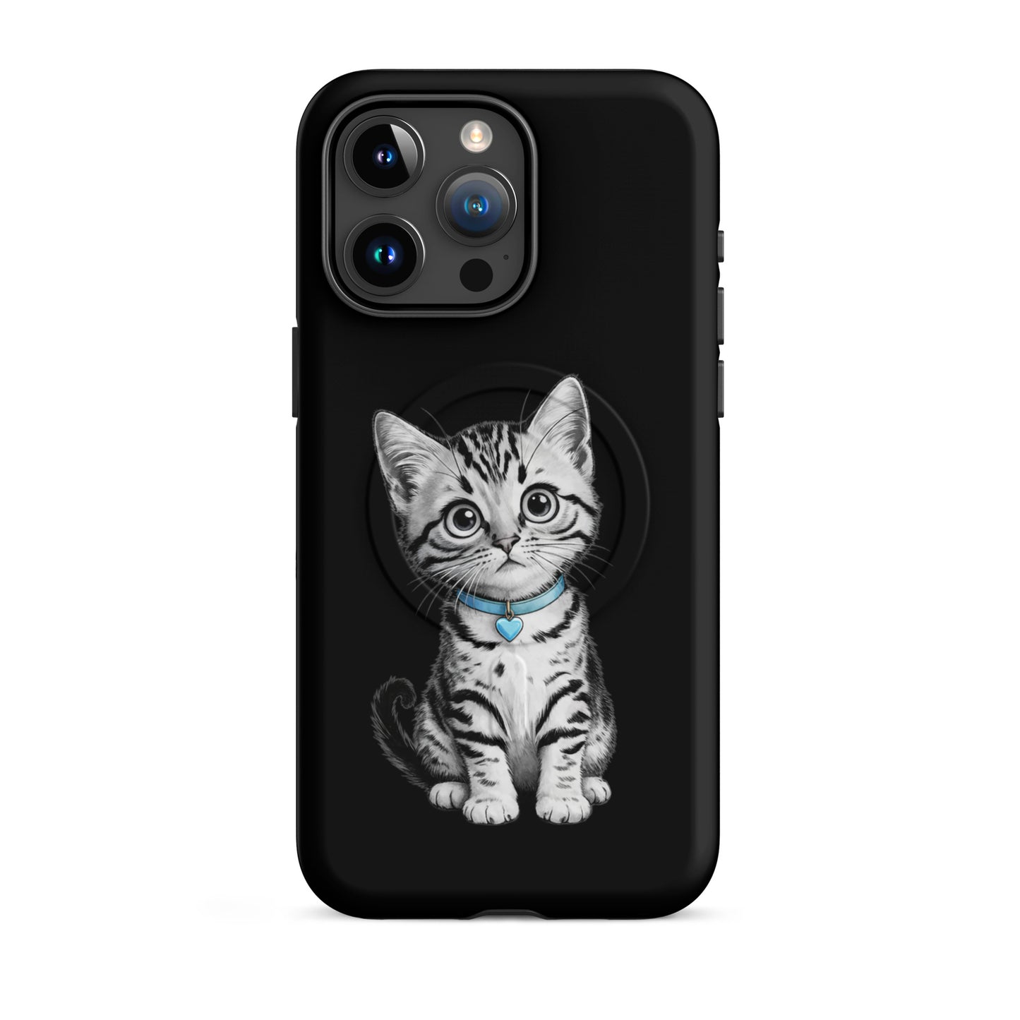 Magnetic Phone Case for iPhone featuring a pencil-sketch kitten with blue collar and heart charm on black background.