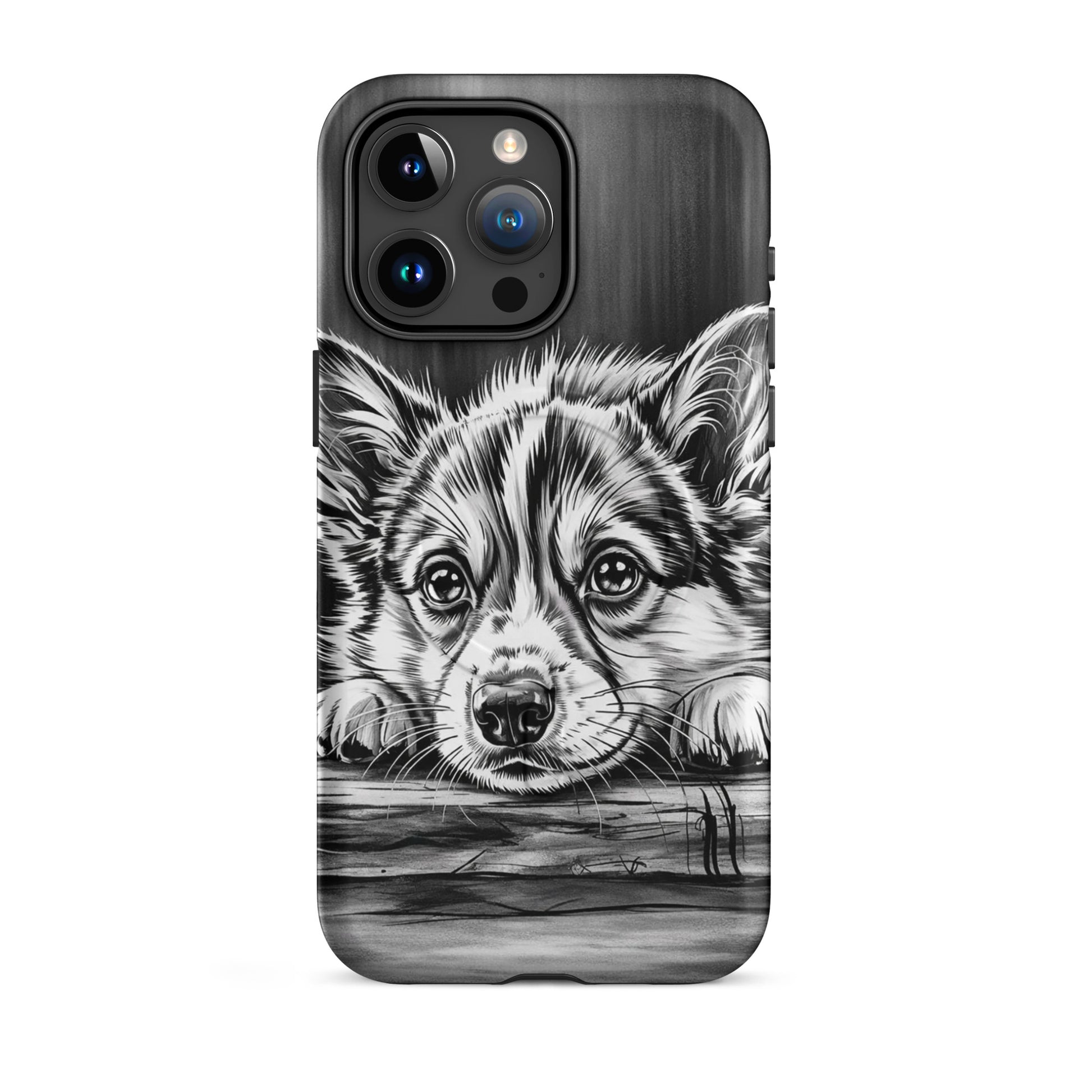 Magnetic Phone Case for iPhone with elegant puppy art and premium protection, featuring black-and-white illustration of puppy on wood.