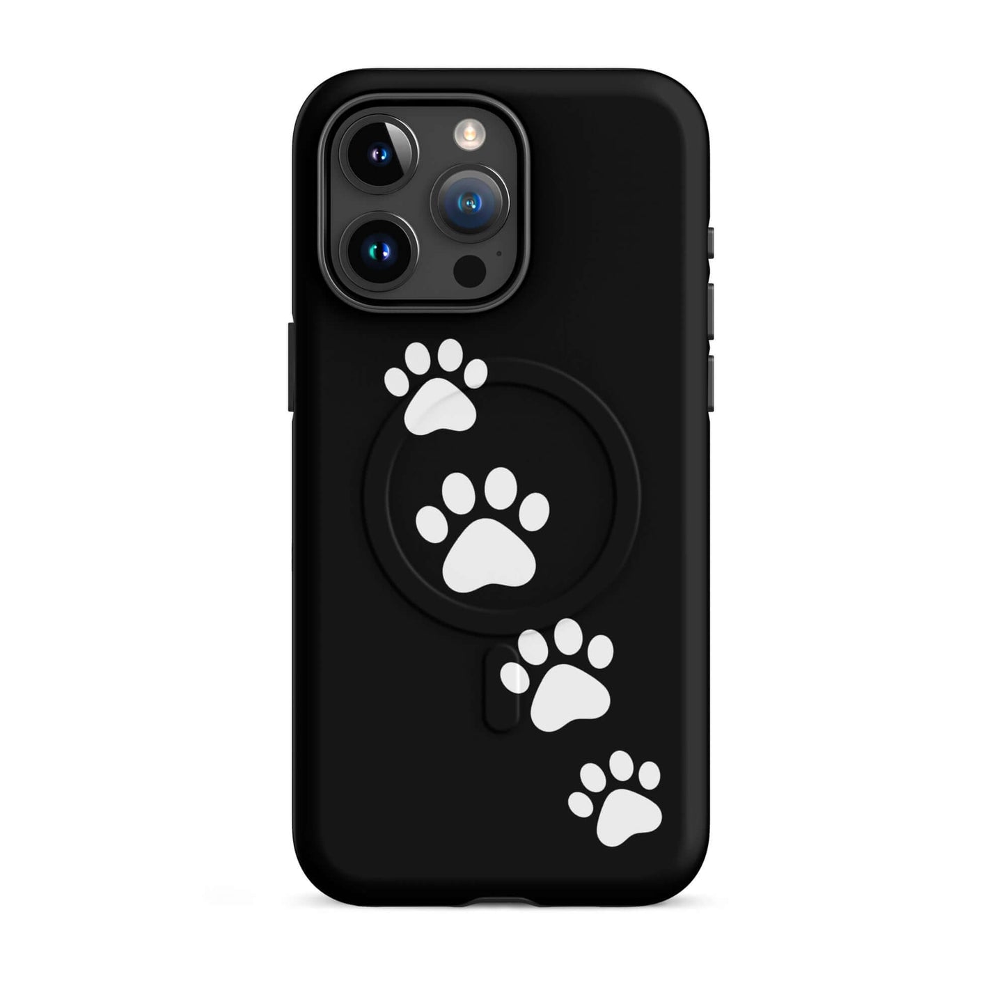 Magnetic Phone Case with playful white paw prints on sleek black background for pet lovers.