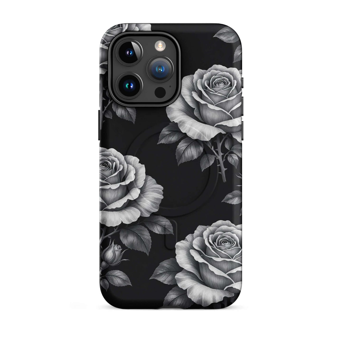 Magnetic Phone Case for iPhone with rose garden design, black background, floral charm, protective tough case.
