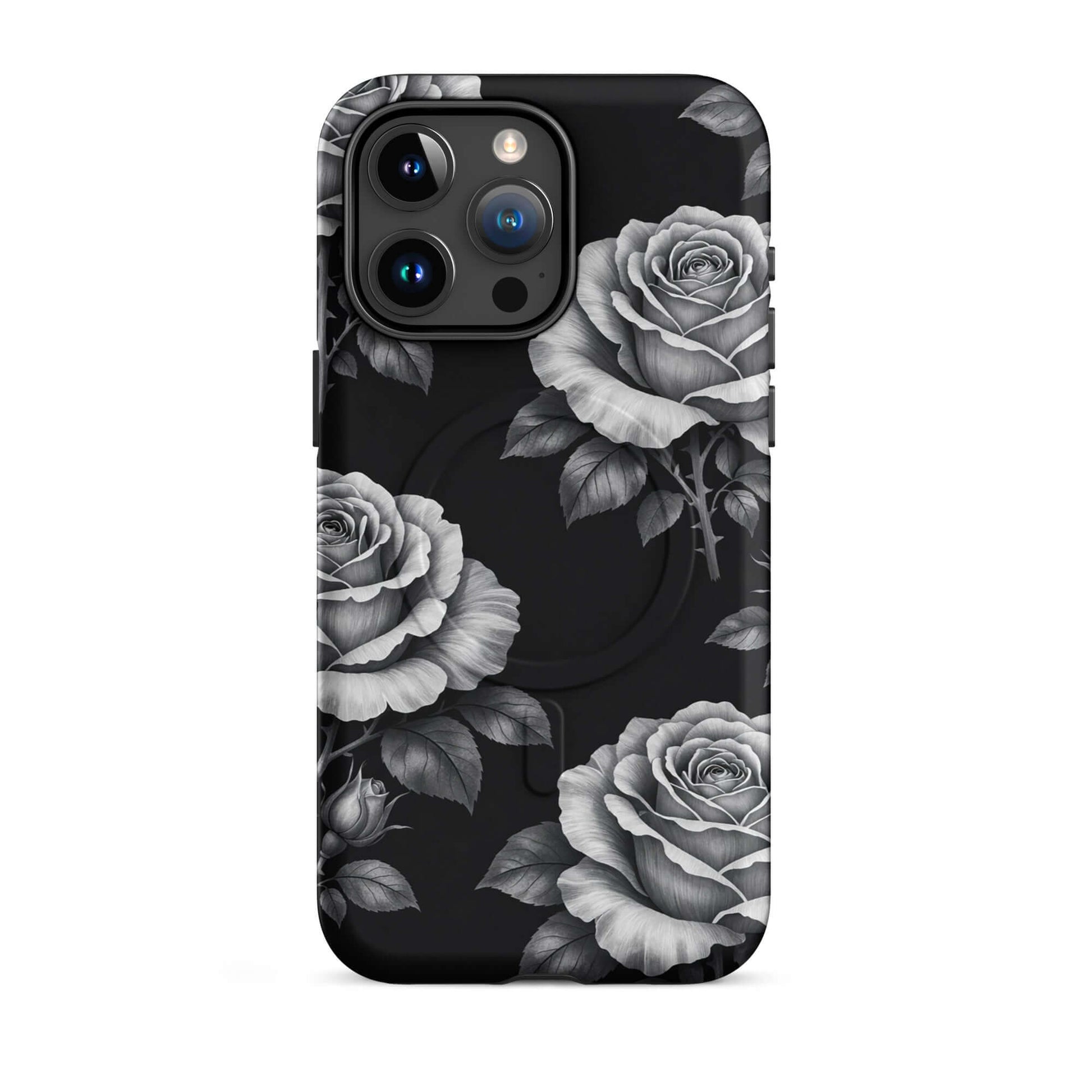 Magnetic Phone Case for iPhone with rose garden design, black background, floral charm, protective tough case.