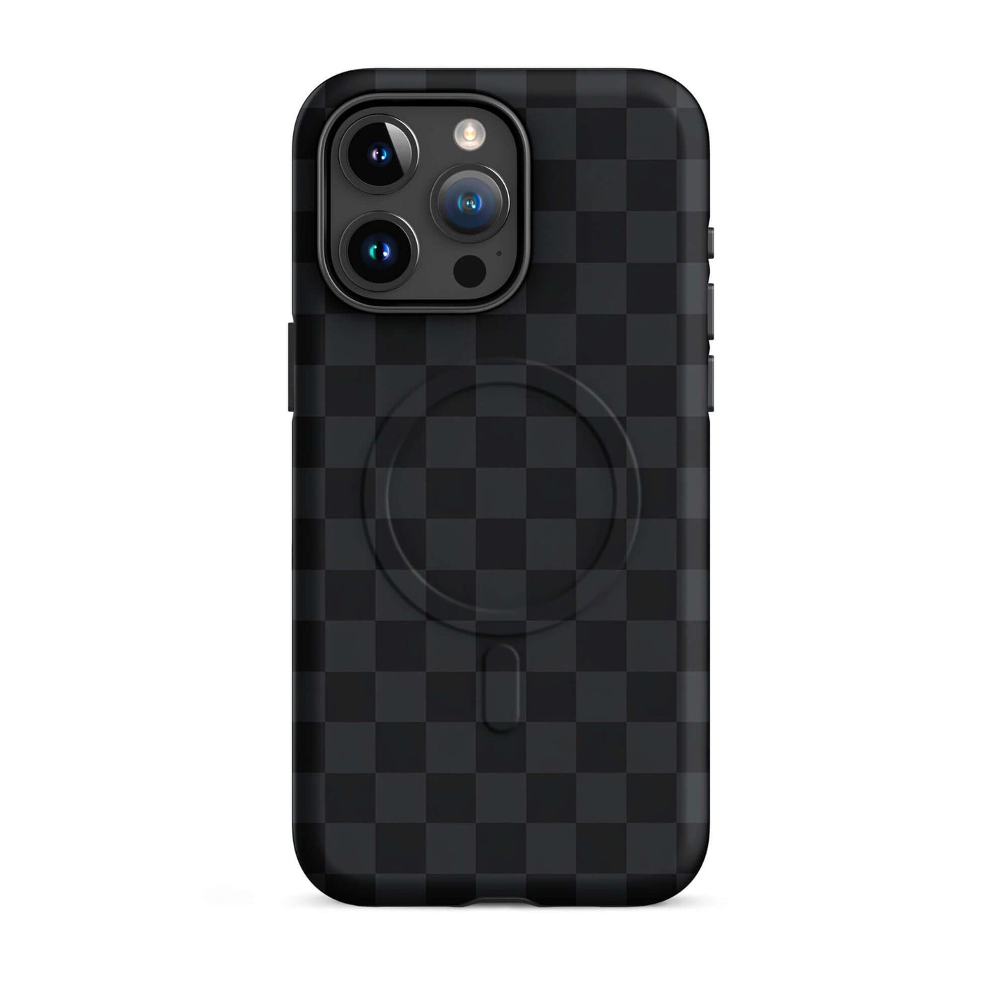 Magnetic Phone Case with black and charcoal checkered design for iPhone, providing sleek style and protection.