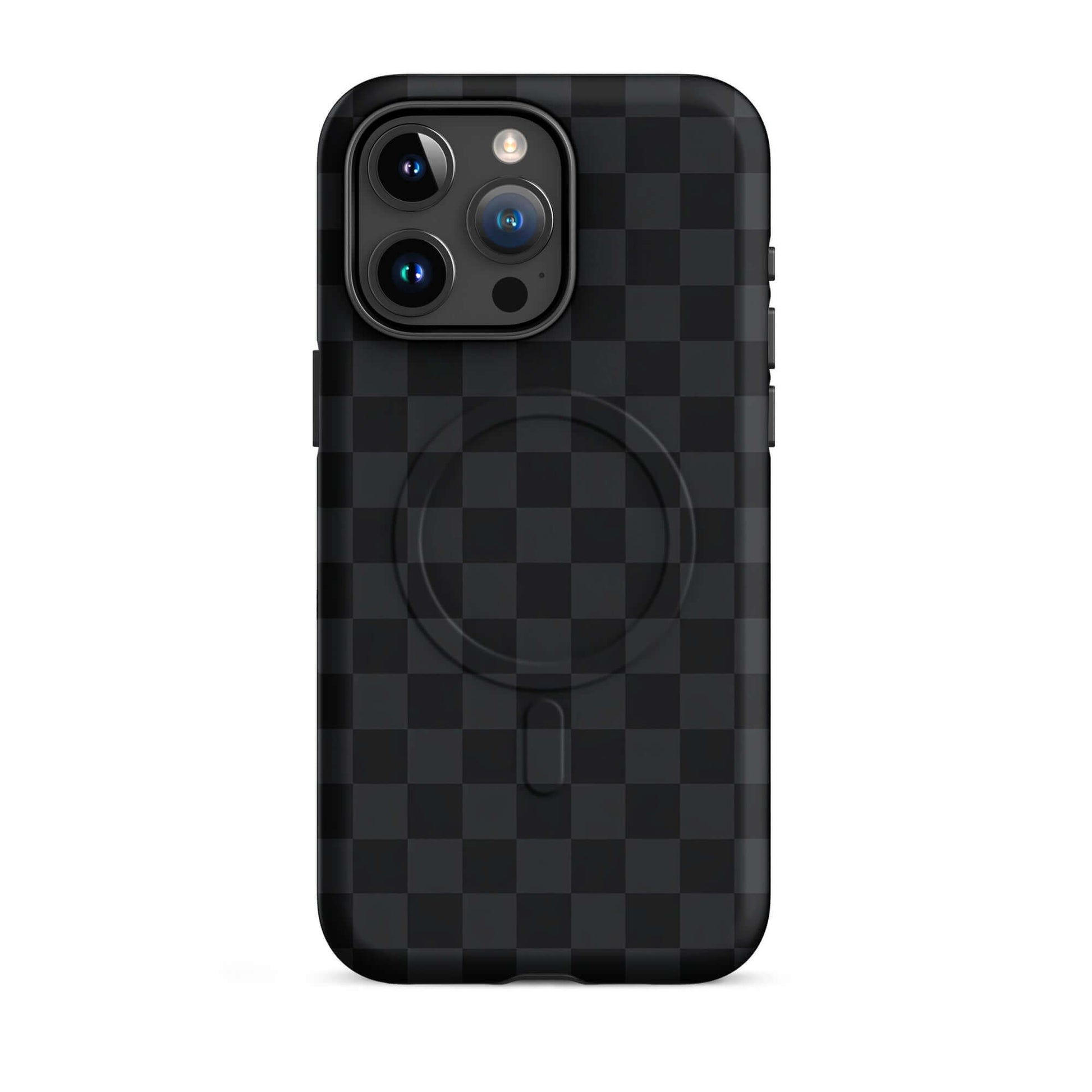 Magnetic Phone Case with black and charcoal checkered design for iPhone, providing sleek style and protection.