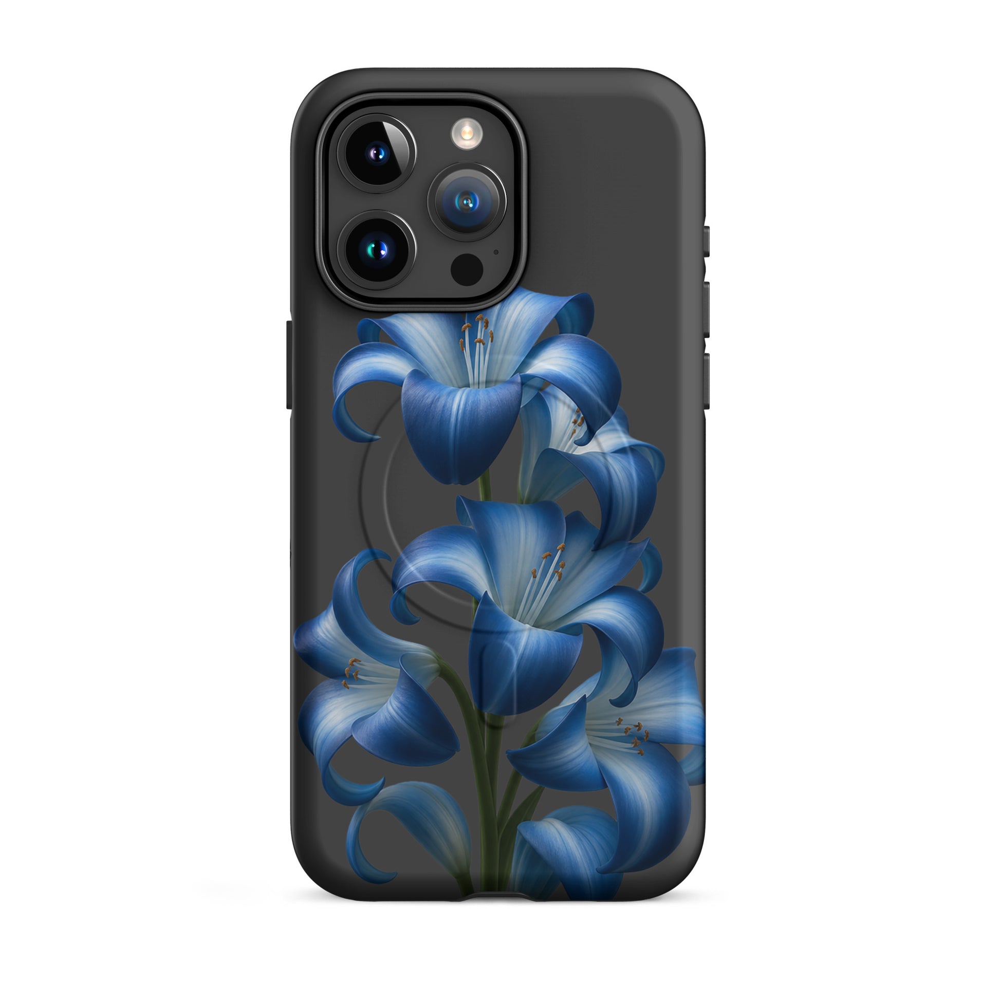 Magnetic Phone Case with Blue Lily Bloom Art for iPhone showcasing floral design on a protective and stylish cover.