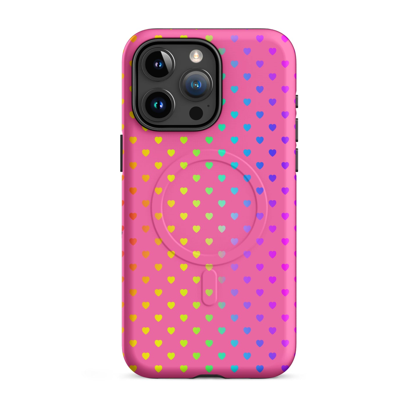 Magnetic Phone Case for iPhone with colorful rainbow hearts on pink background, providing style and protection for your device.