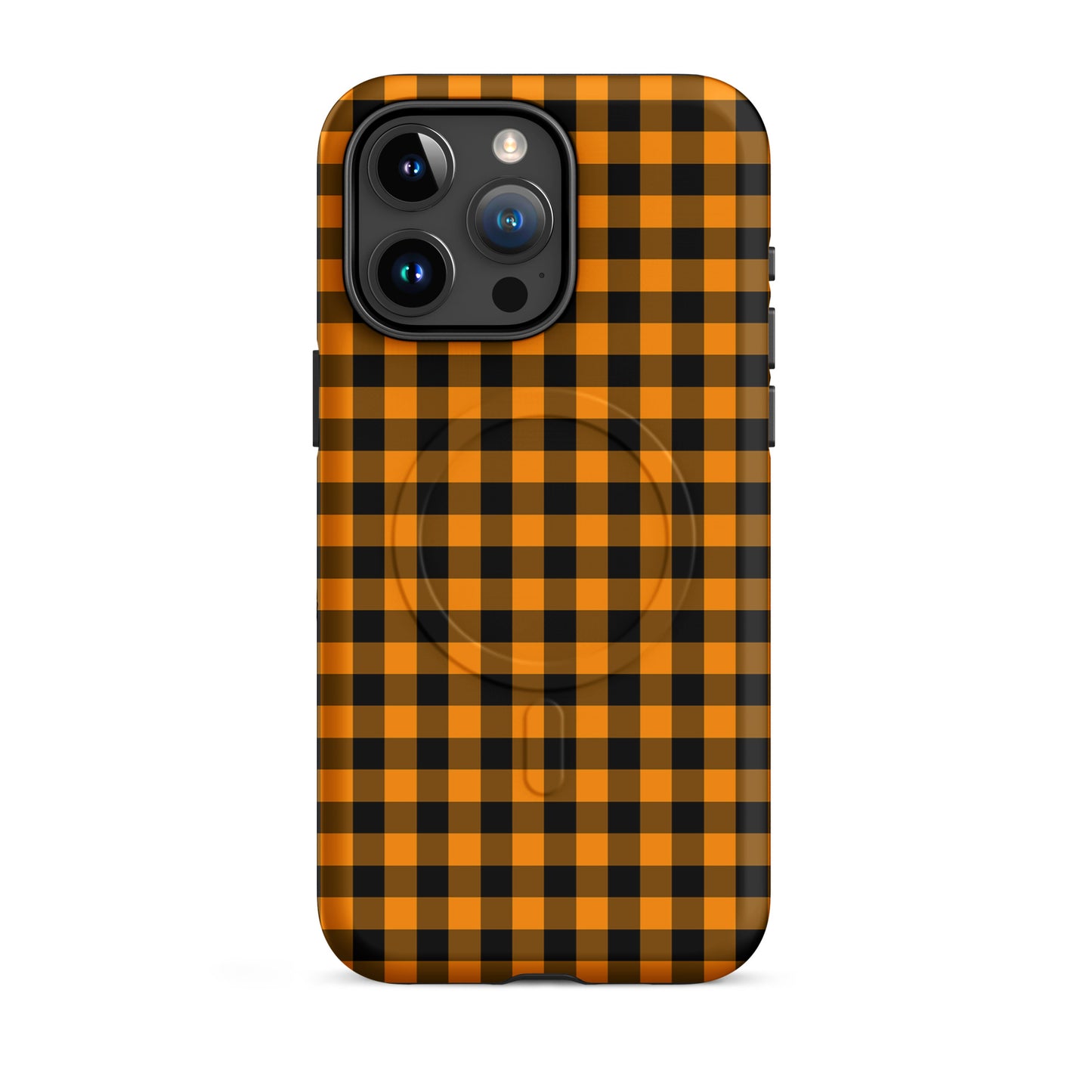 Magnetic Phone Case in black-and-orange gingham Autum theme for iPhone, showcasing durability and luxury design.