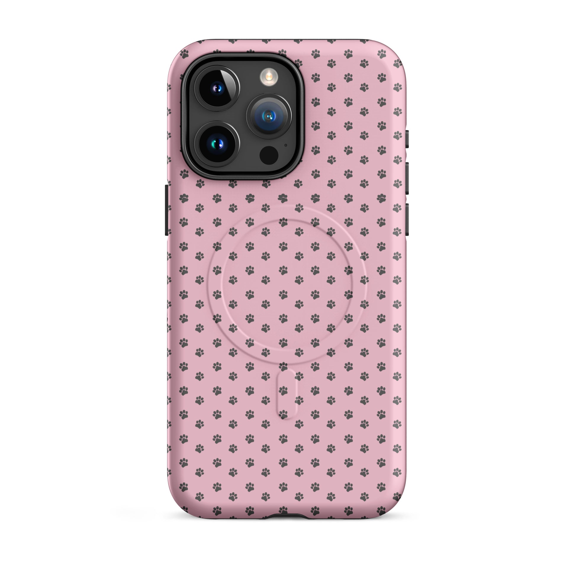 Magnetic Phone Case for iPhone with playful paw-print design on soft pink background, offering stylish protection for pet lovers.