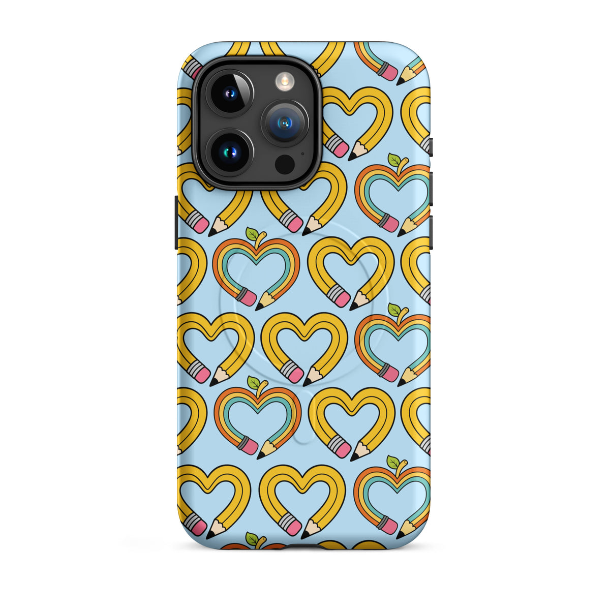 Magnetic Phone Case with playful pencil-heart pattern for iPhone, featuring colorful pencils arranged as hearts with green leaves.