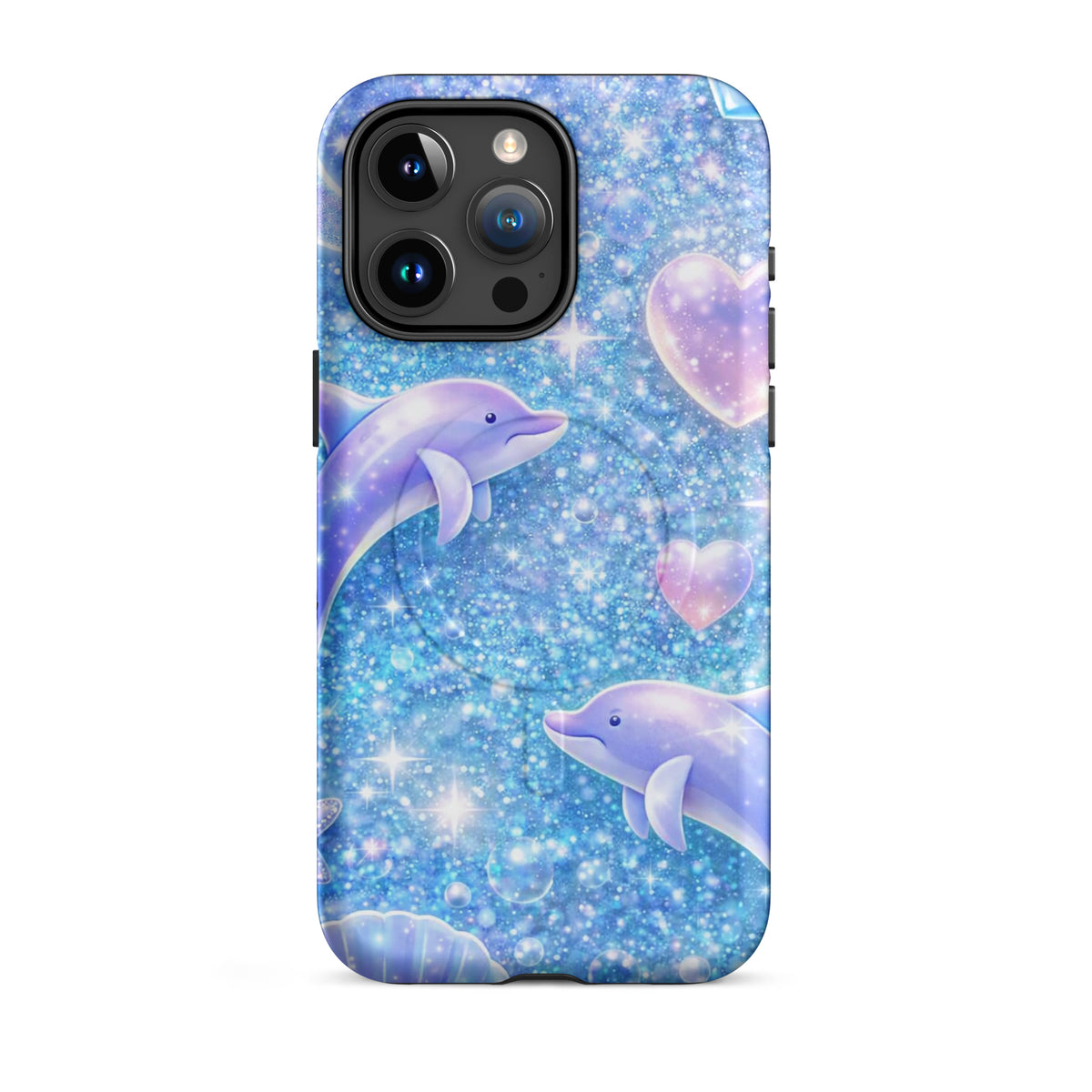 Magnetic Phone Case for iPhone with ocean glitter dolphins and celestial accents.