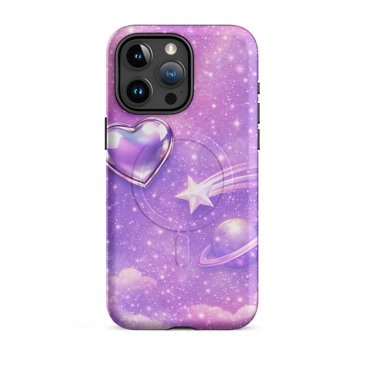 Magnetic Phone Case for iPhone featuring cosmic heart and shooting star design with planets and stars on a dreamy pastel background.