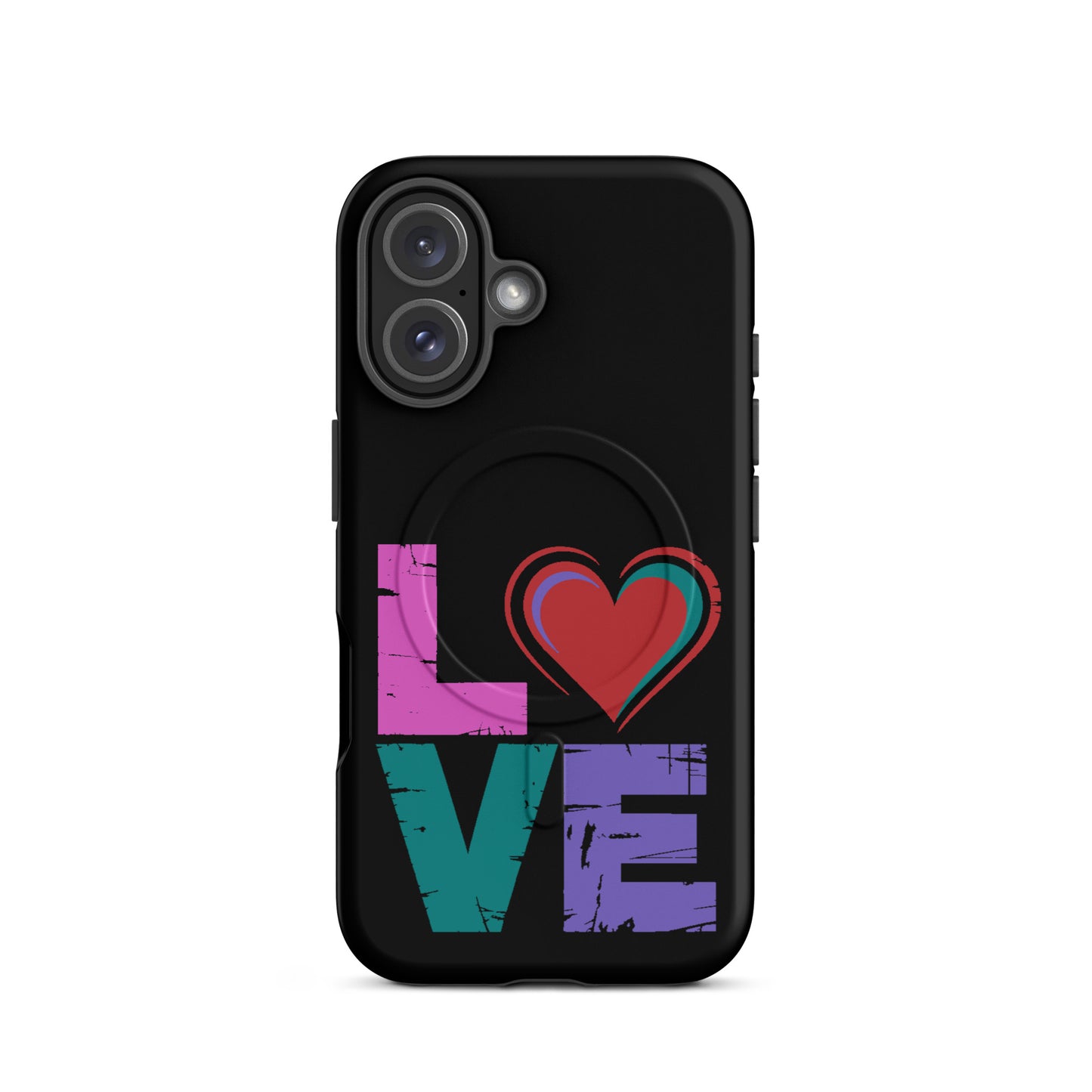 Love Magnetic Dual-Layer Tough Case for iPhone in black with colorful 'LOVE' design.