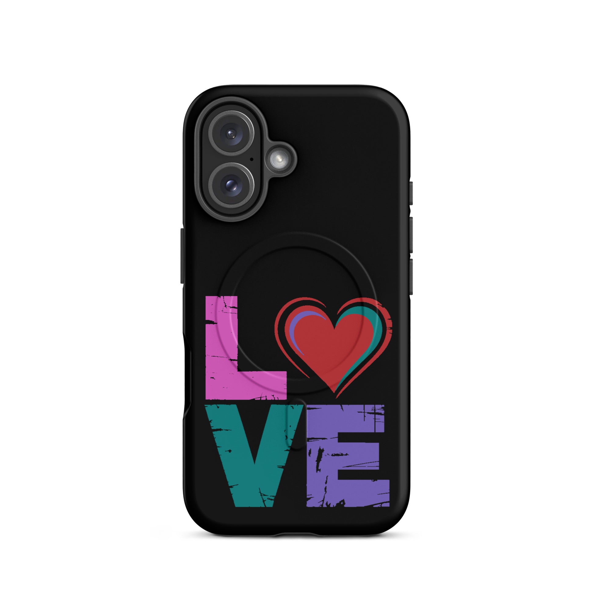 Love Magnetic Dual-Layer Tough Case for iPhone in black with colorful 'LOVE' design.