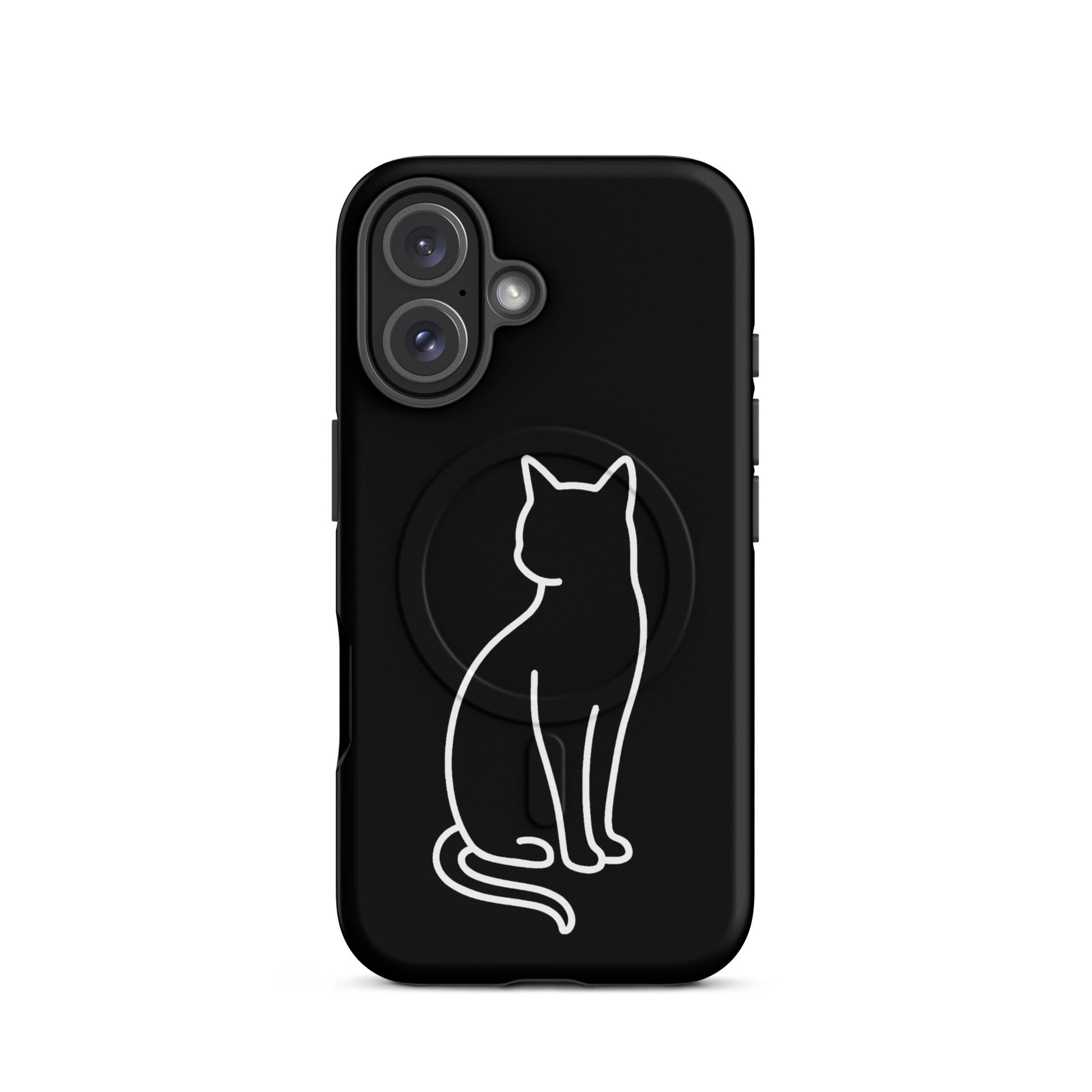 Magnetic Phone Case featuring a sleek black design with a minimalist white cat outline, perfect for cat lovers.