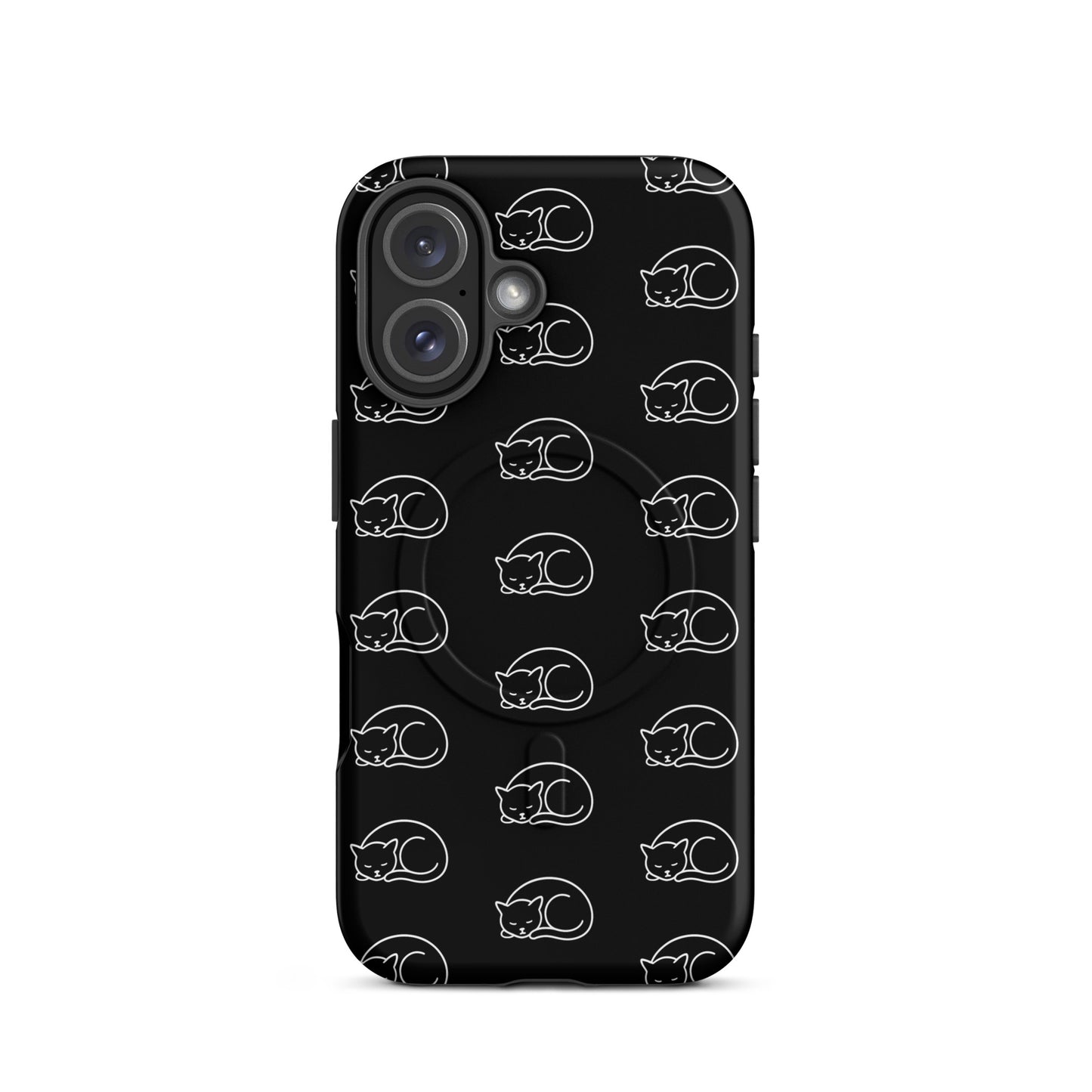Magnetic Phone Case for iPhone featuring a black curled-up cat pattern, perfect for cat lovers.