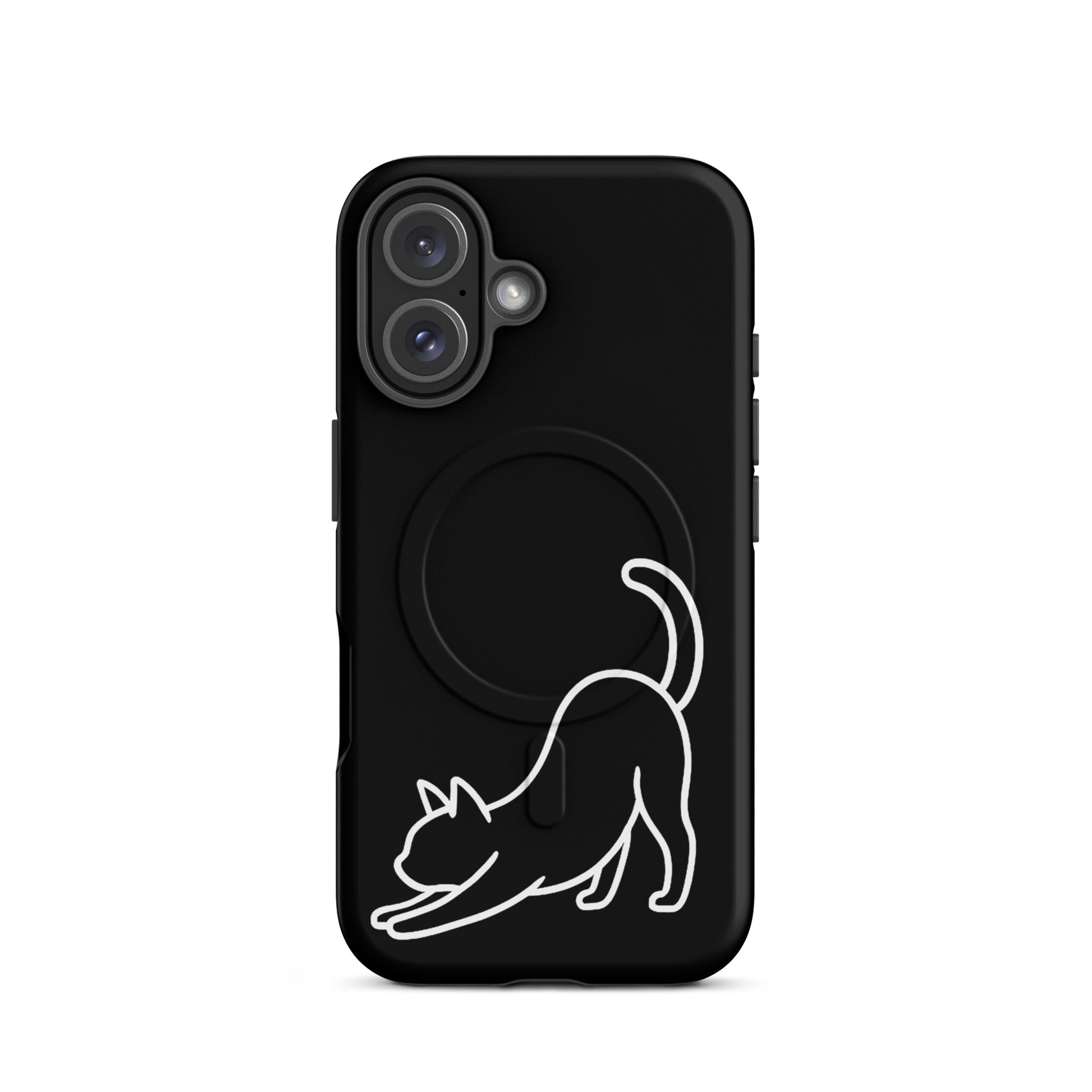 Magnetic Phone Case featuring a minimalist stretching cat design on a sleek black background.