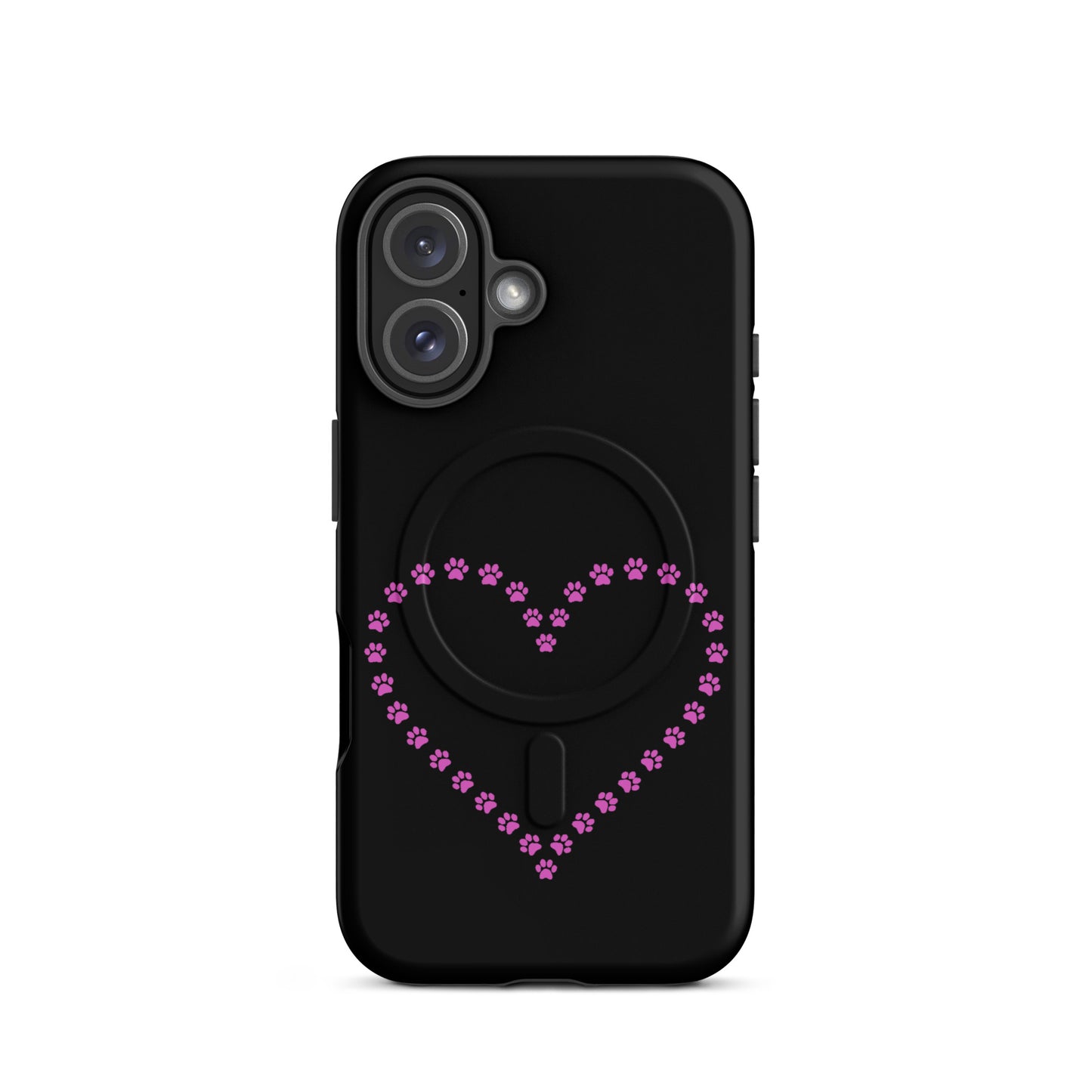Magnetic Phone Case featuring a pink paw print heart design for pet lovers on a black background.