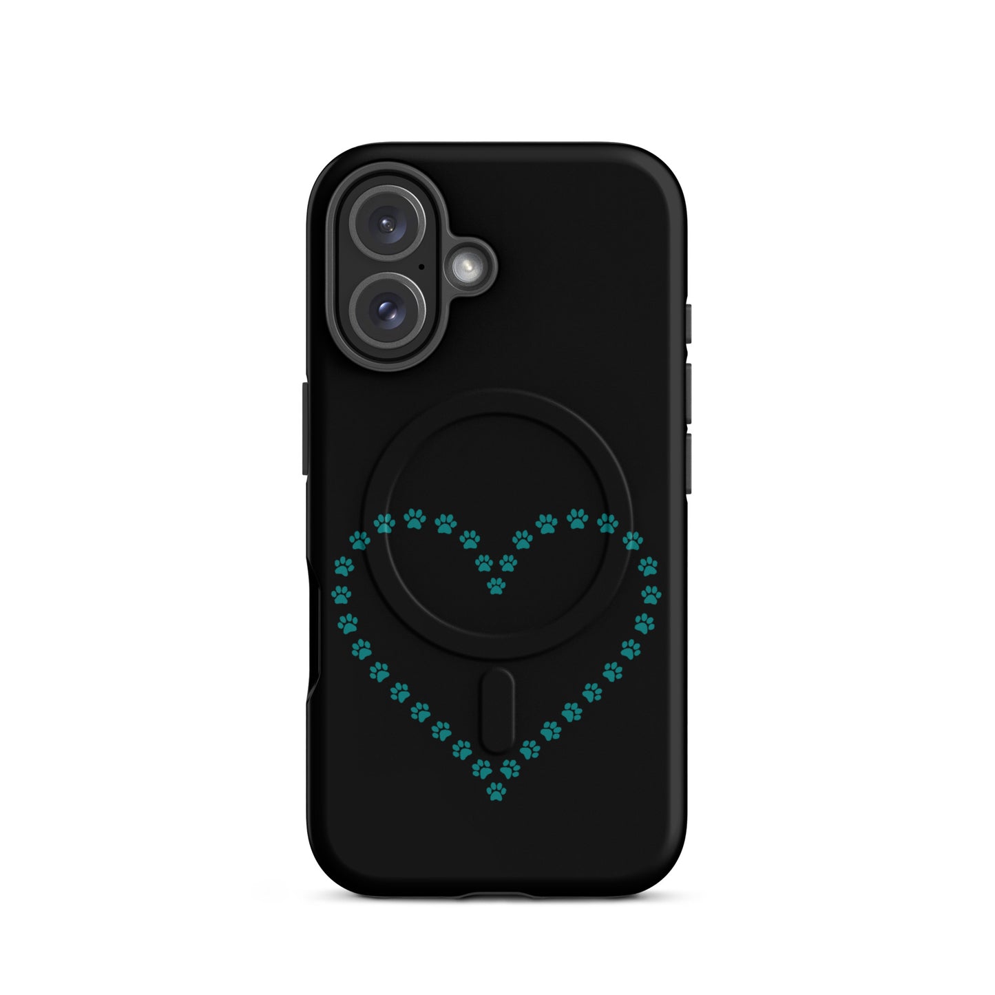 Magnetic Phone Case featuring a paw print heart design for pet lovers on a sleek black background.