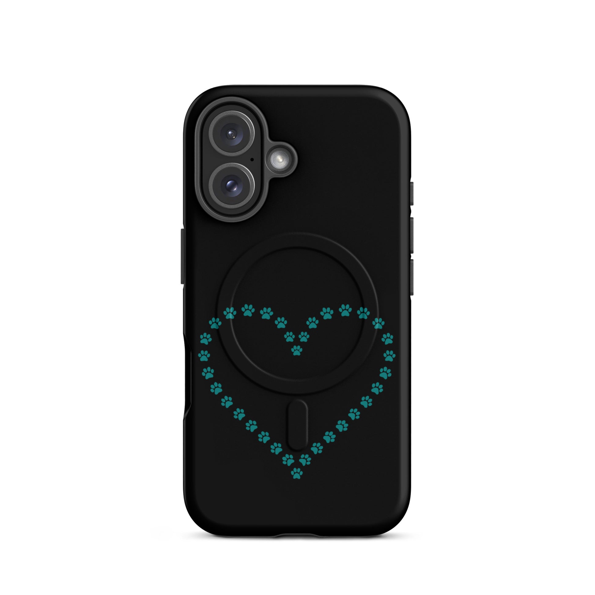 Magnetic Phone Case featuring a paw print heart design for pet lovers on a sleek black background.