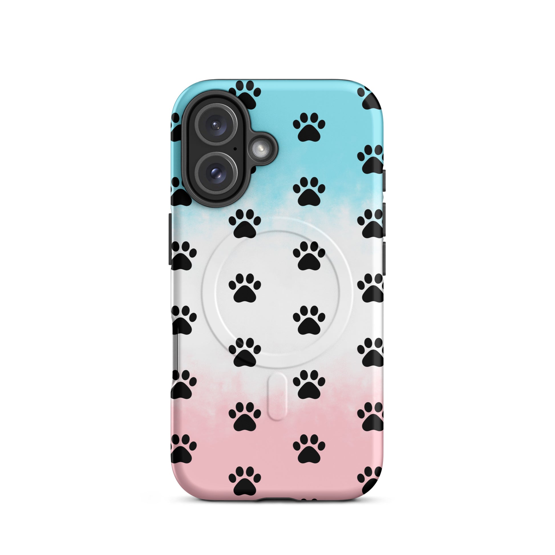 Magnetic Phone Case featuring paw print design in blue and pink for pet lovers.