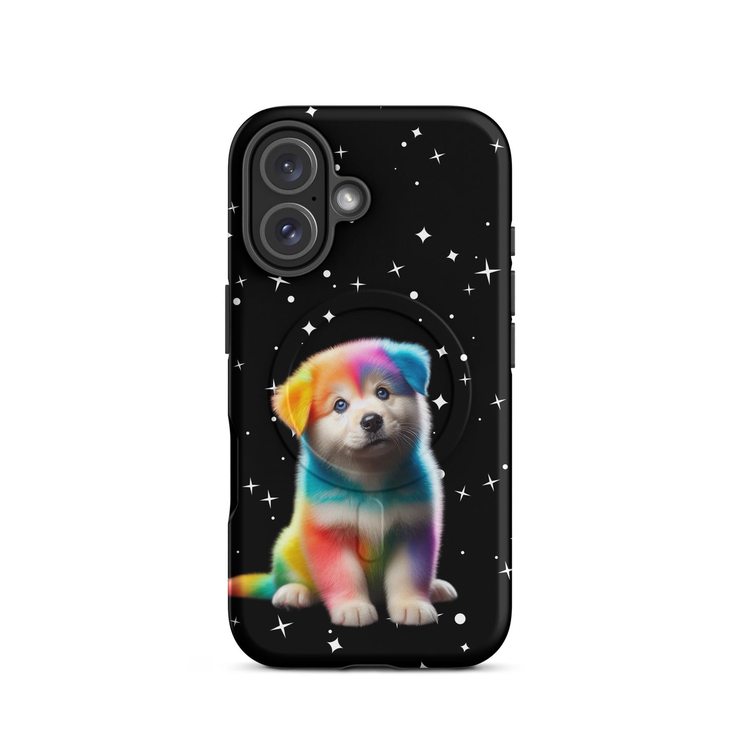Magnetic Phone Case featuring a rainbow puppy design against a starry night background for iPhone.