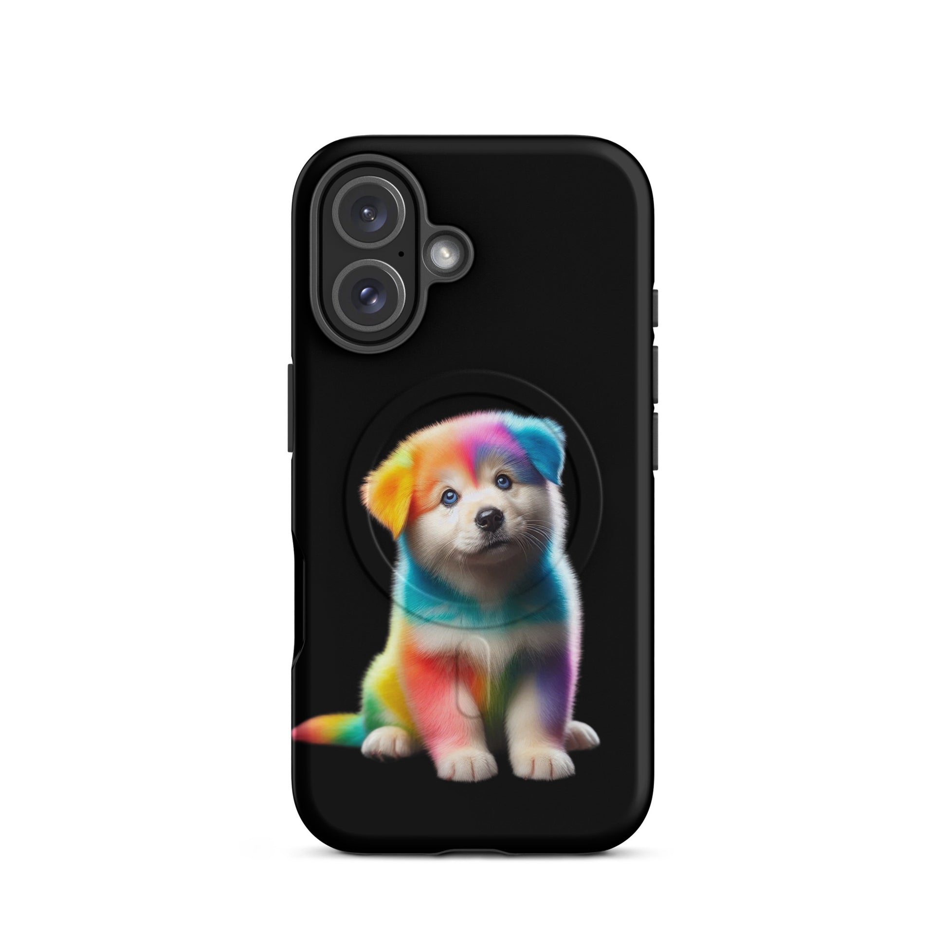 Magnetic Phone Case featuring a colorful rainbow puppy design on a black background.