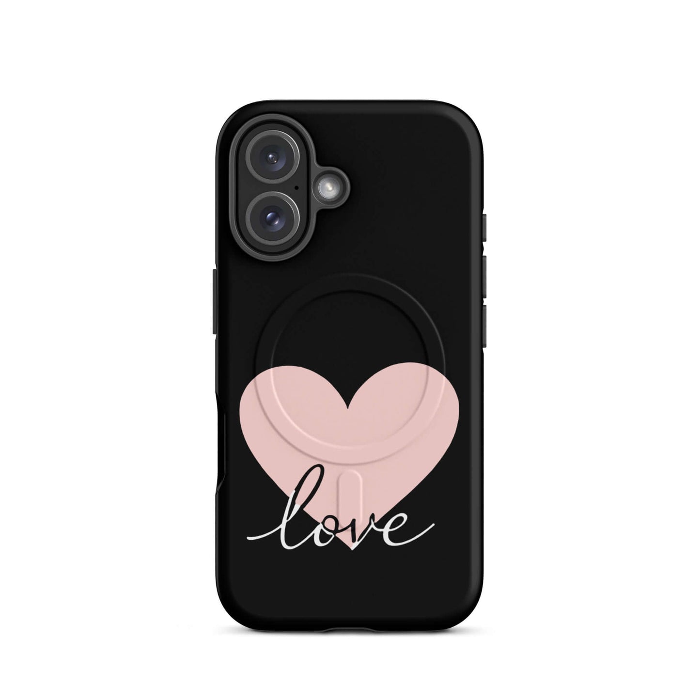 Magnetic Phone Case featuring a soft pink heart and script love design on a sleek black background.
