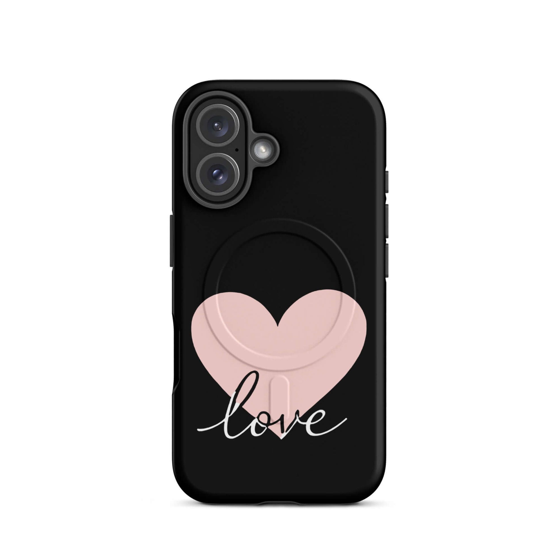 Magnetic Phone Case featuring a soft pink heart and script love design on a sleek black background.