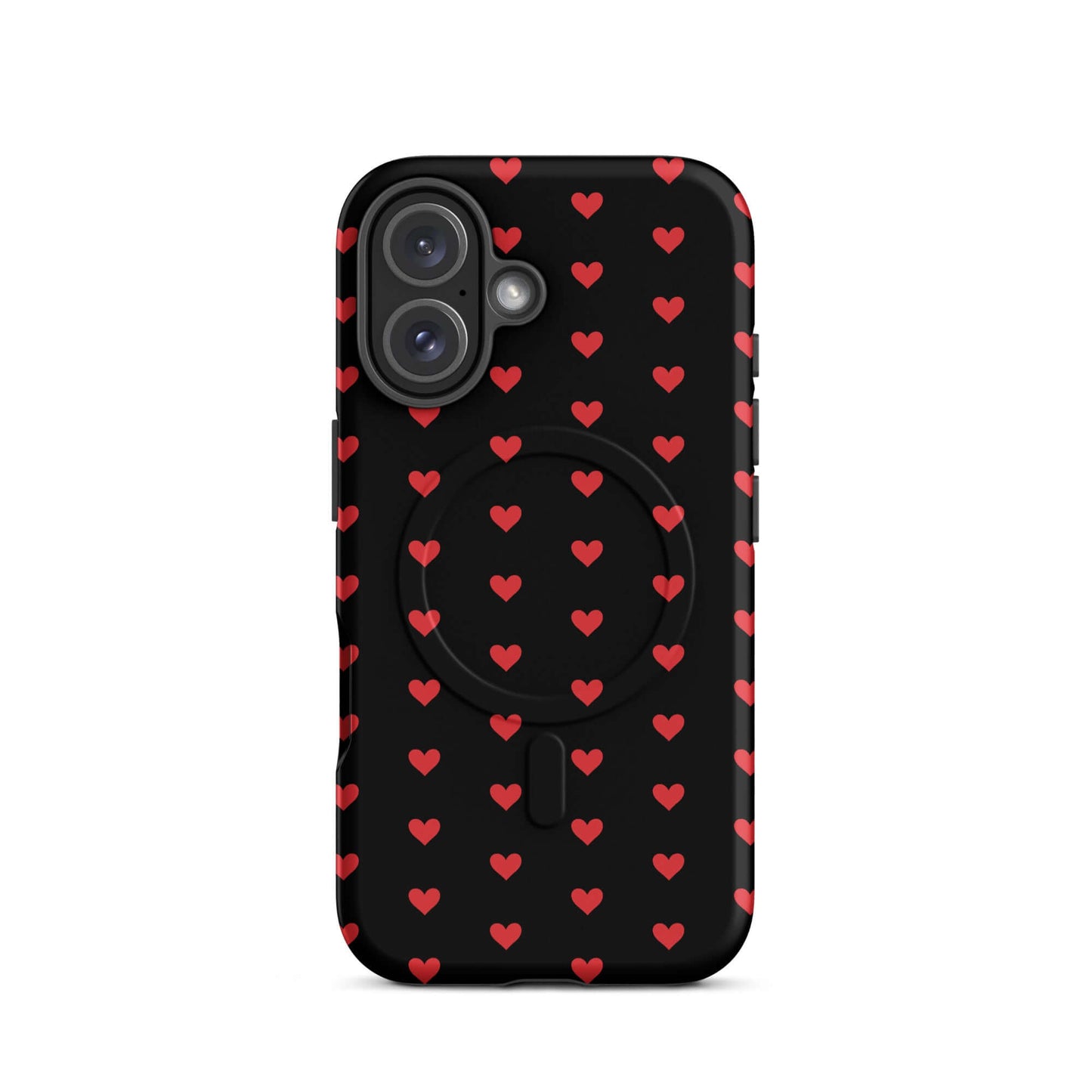 Magnetic Phone Case for iPhone featuring a pattern of fiery red hearts on a black background.