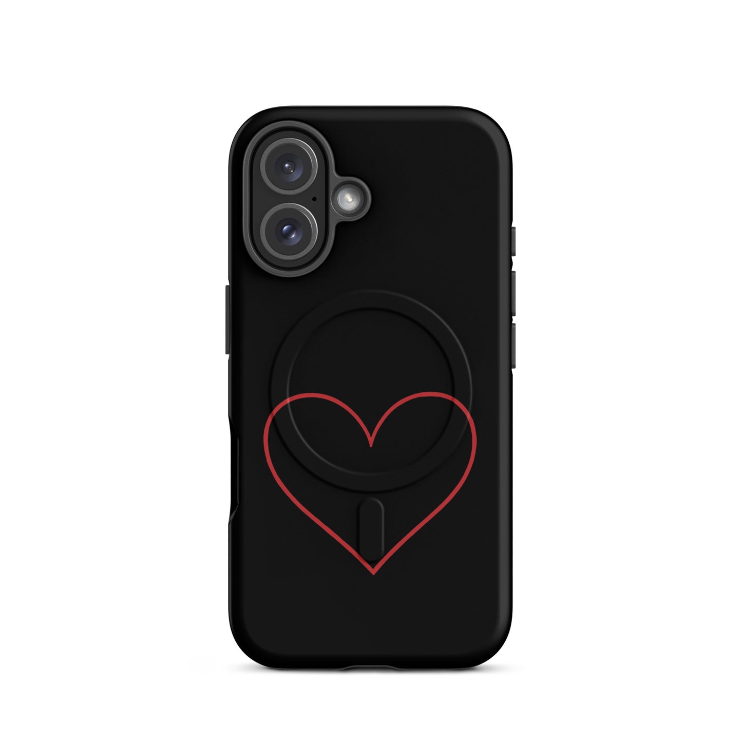 Magnetic Phone Case featuring a minimalist crimson heart design on a sleek black background.