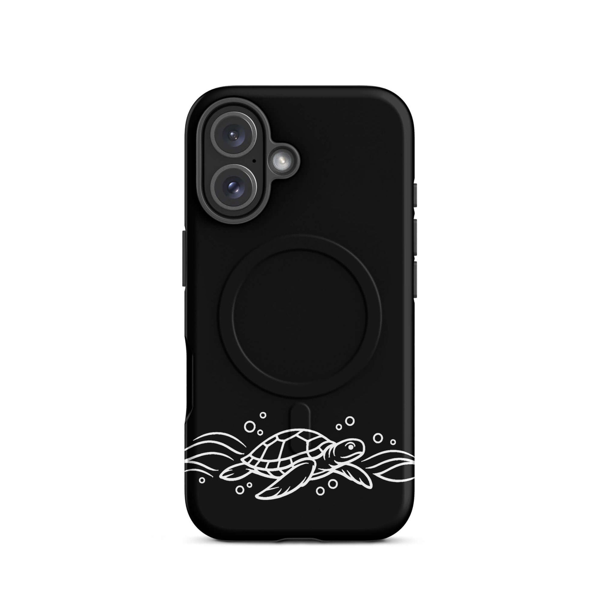Magnetic Phone Case featuring minimalist sea turtle design and abstract waves on a black background.