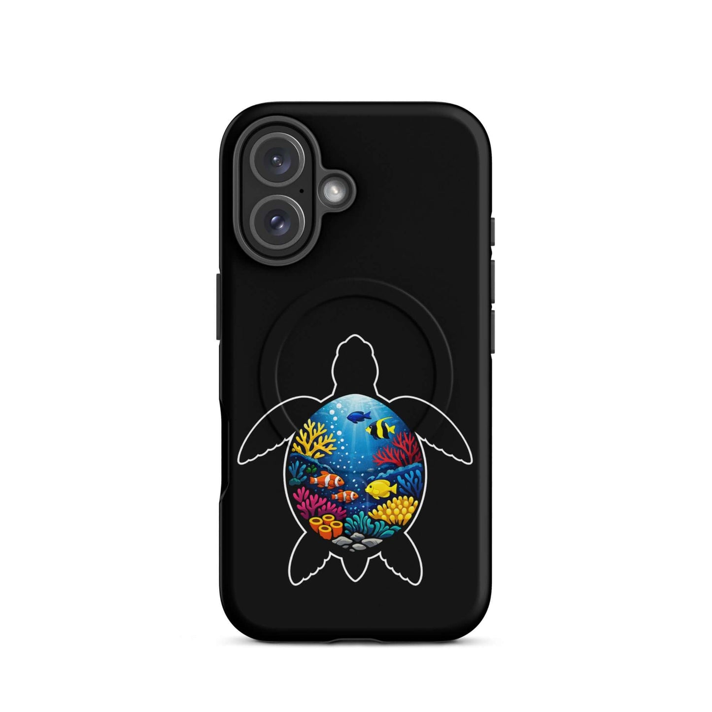 Magnetic Phone Case for iPhone featuring vibrant sea turtle reef design and coral scene on a black background.