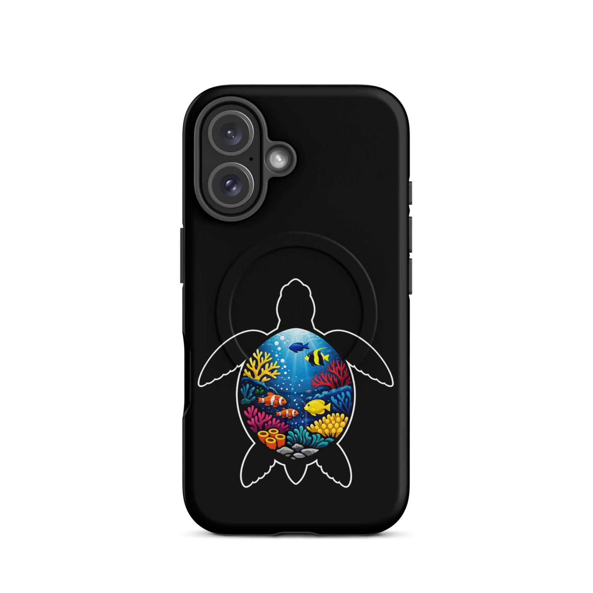 Magnetic Phone Case for iPhone featuring vibrant sea turtle reef design and coral scene on a black background.