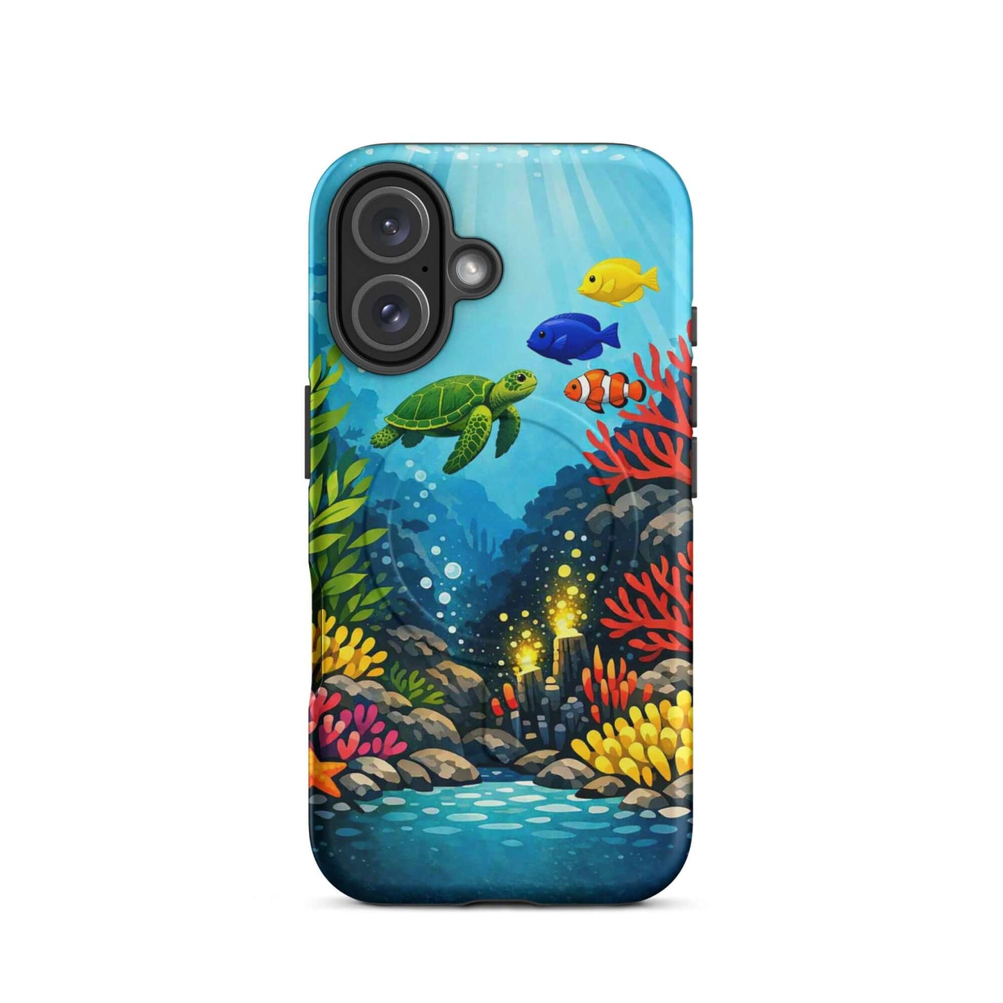 Magnetic Phone Case featuring vibrant sea turtle and coral reef design capturing underwater artistry.