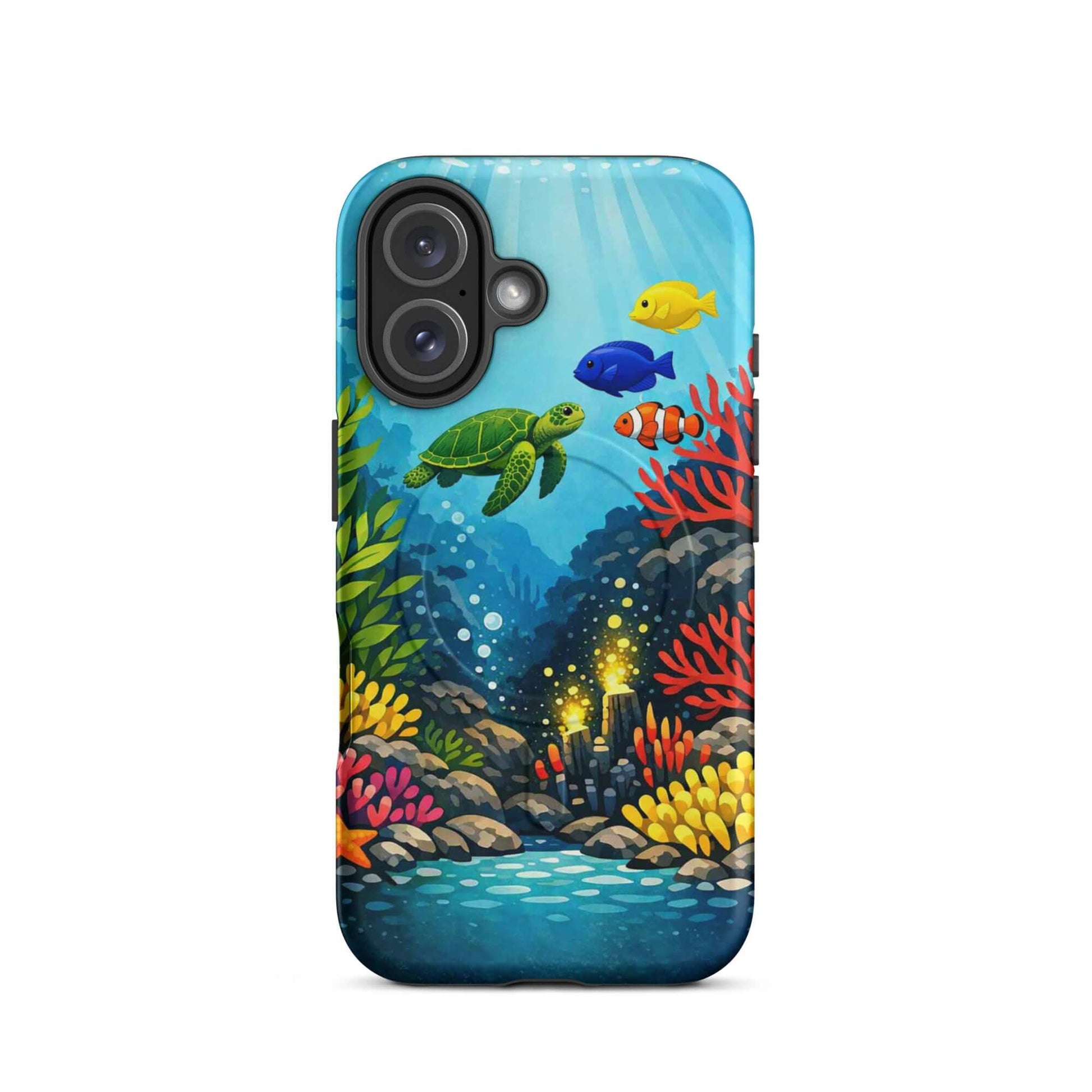 Magnetic Phone Case featuring vibrant sea turtle and coral reef design capturing underwater artistry.