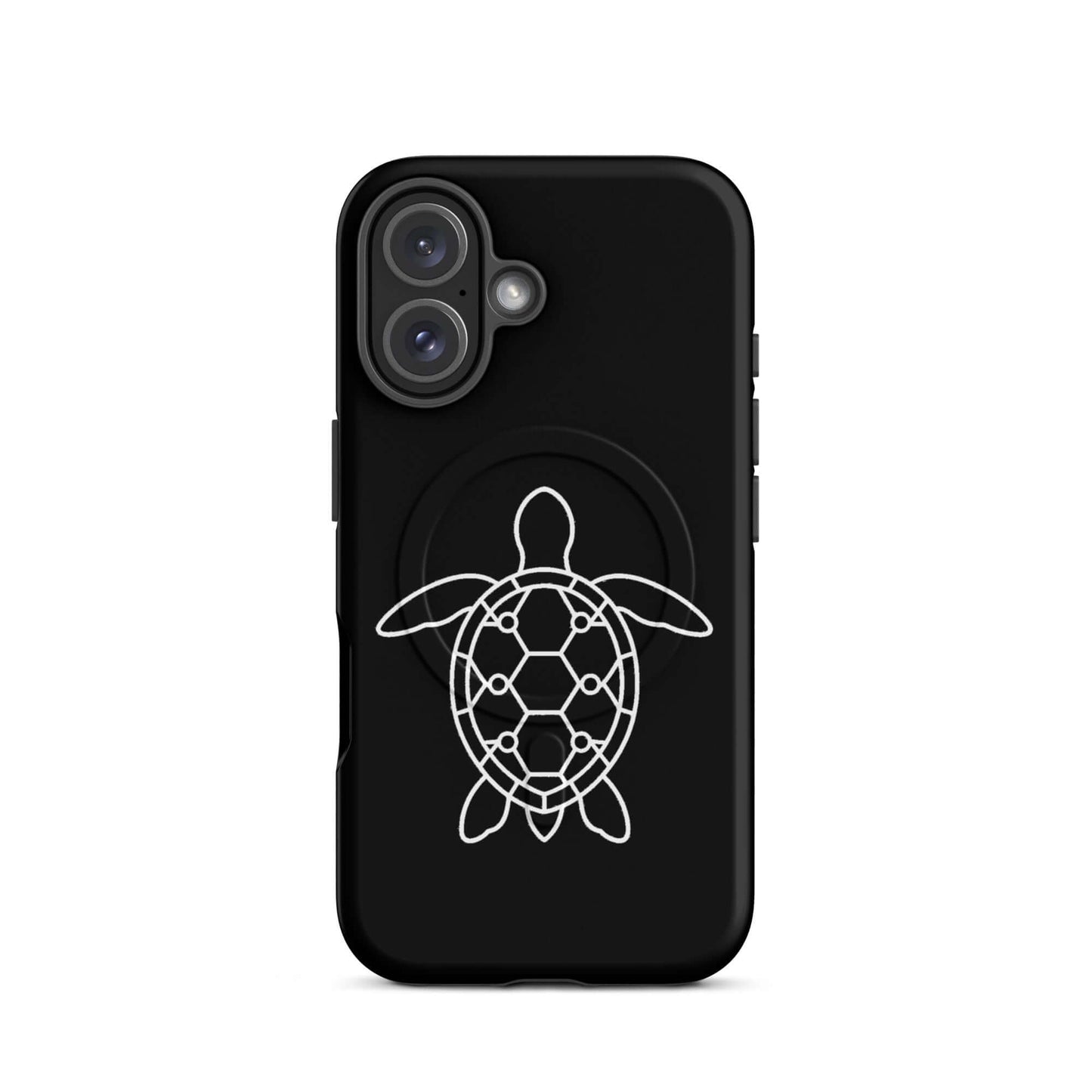 Magnetic Phone Case featuring a minimalist sea turtle silhouette in white on a black background.