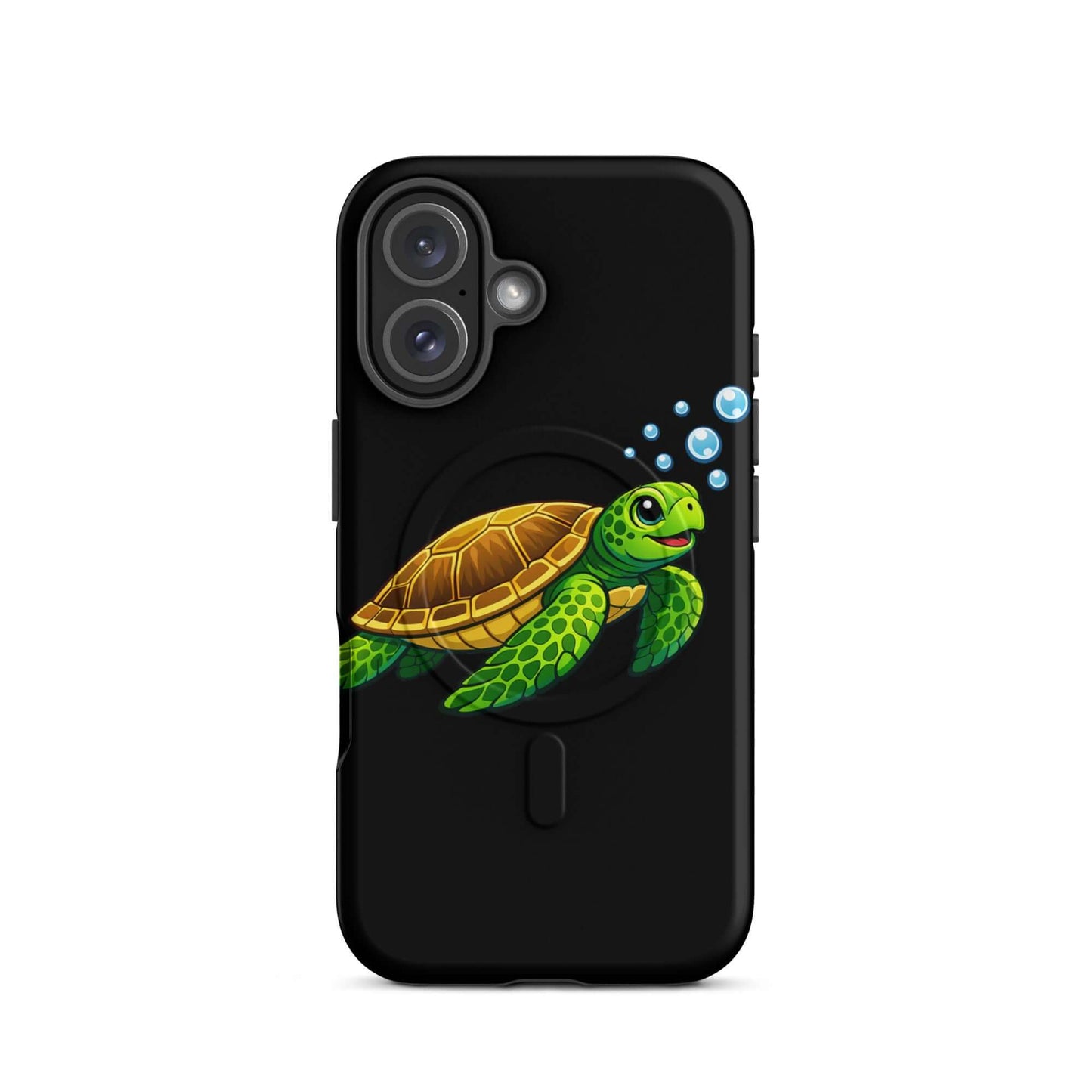 Magnetic Phone Case featuring vibrant sea turtle artwork and bubbles on a black background.