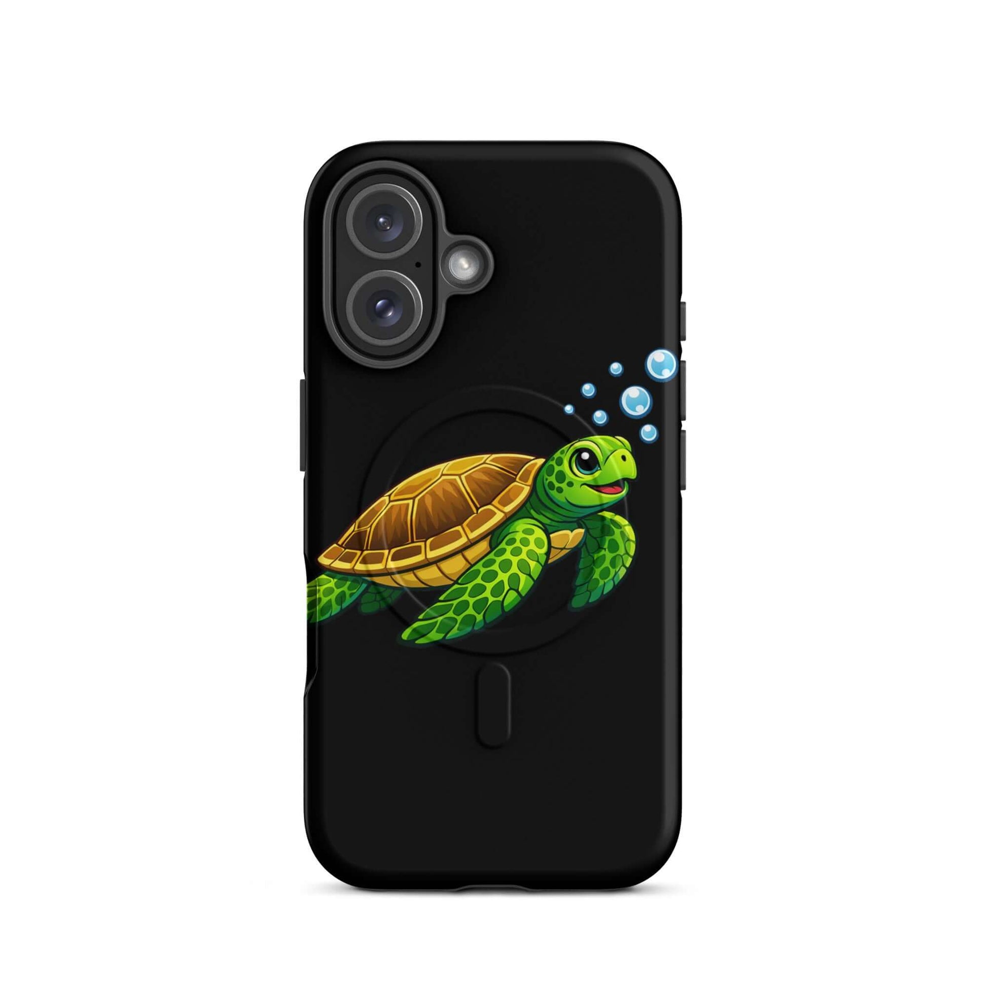 Magnetic Phone Case featuring vibrant sea turtle artwork and bubbles on a black background.