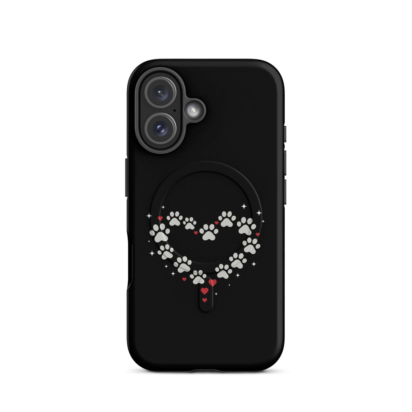 Magnetic Phone Case featuring a paw-print heart design on a black backdrop, perfect for animal lovers.