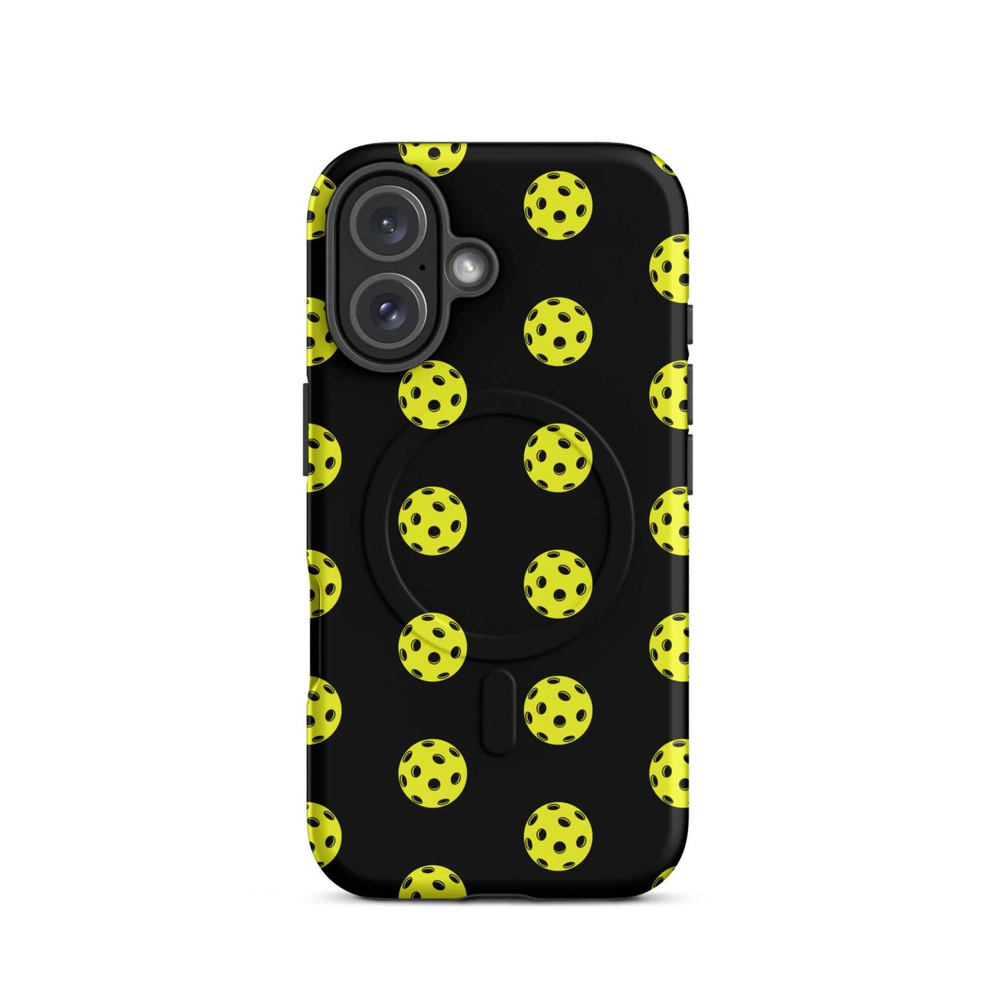 Magnetic Phone Case featuring a playful pickleball pattern in yellow on a black background.