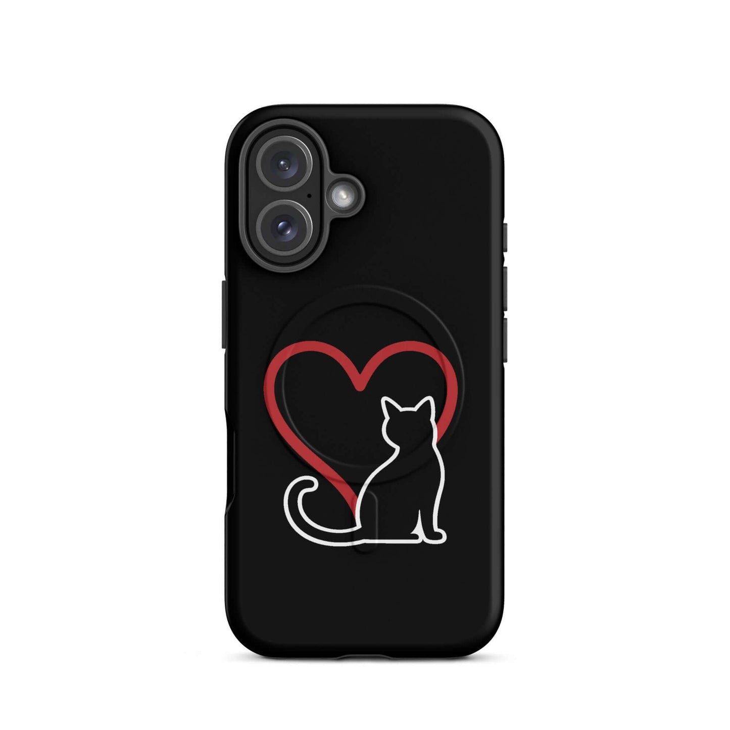 Magnetic Phone Case featuring a minimalist black cat design beside a red heart on a sleek black background.