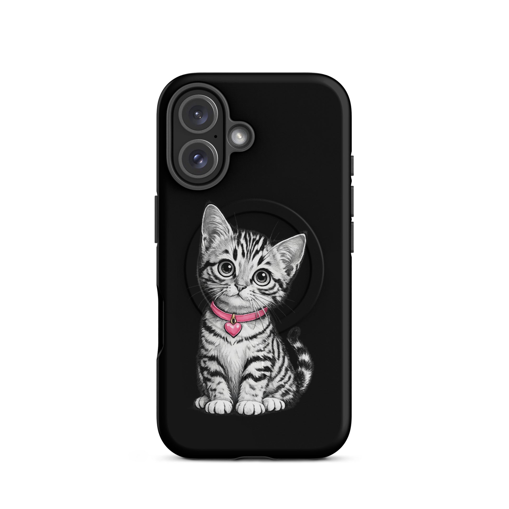 Magnetic Phone Case for iPhone with kitten illustration, pink collar, and heart charm on black background, premium protection accessory