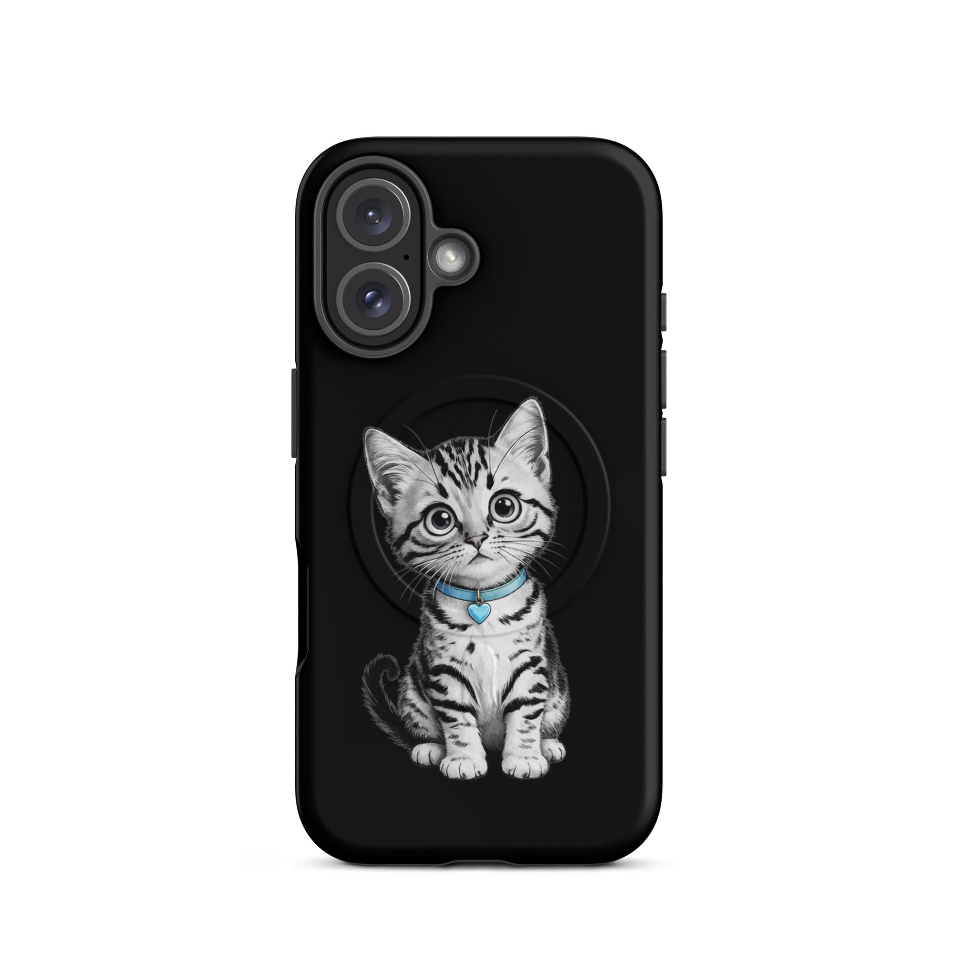 Magnetic Phone Case with kitten design featuring blue collar and heart charm for iPhone.