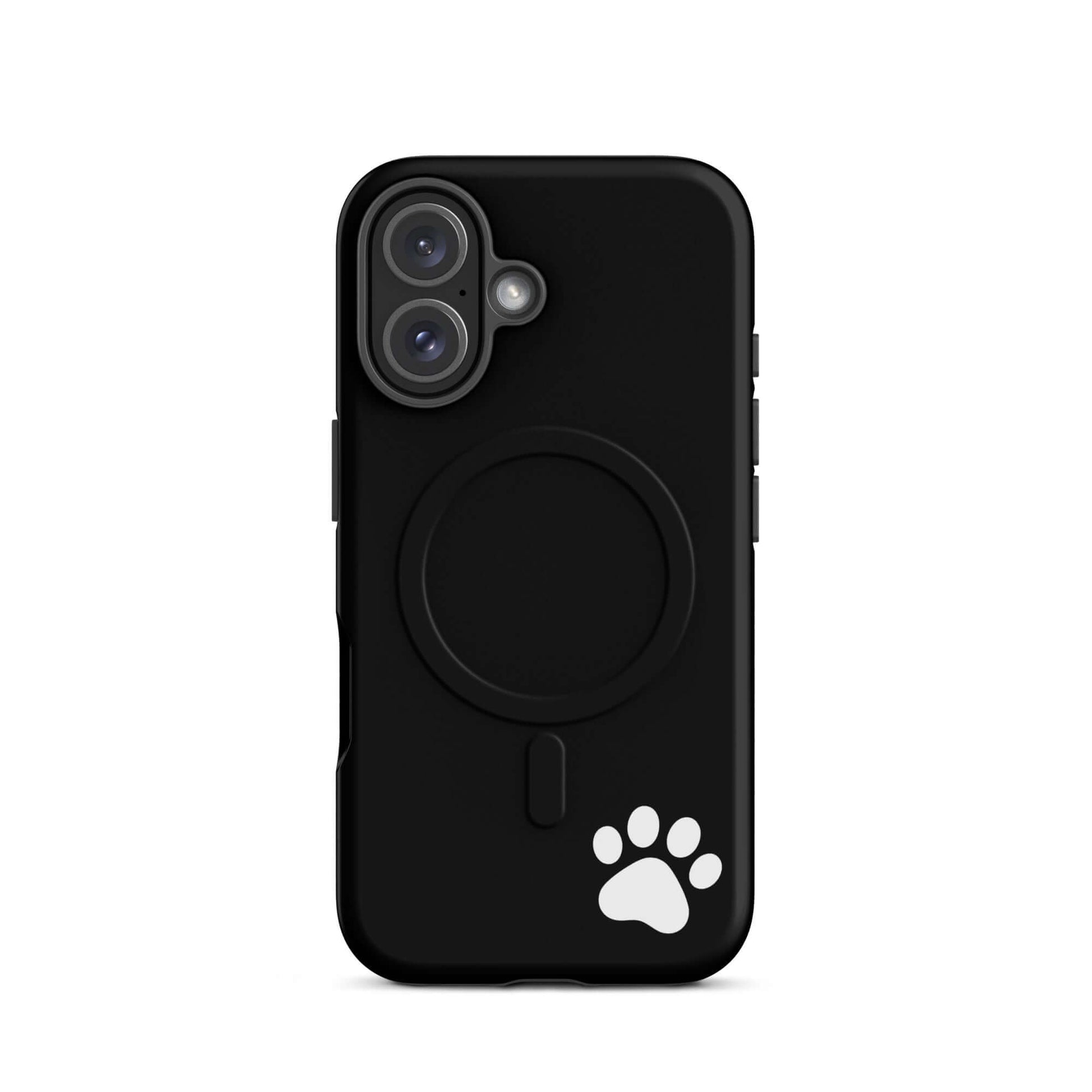 Magnetic Phone case for iPhone with paw print design on black background, sleek minimalist style, tough and durable protection.